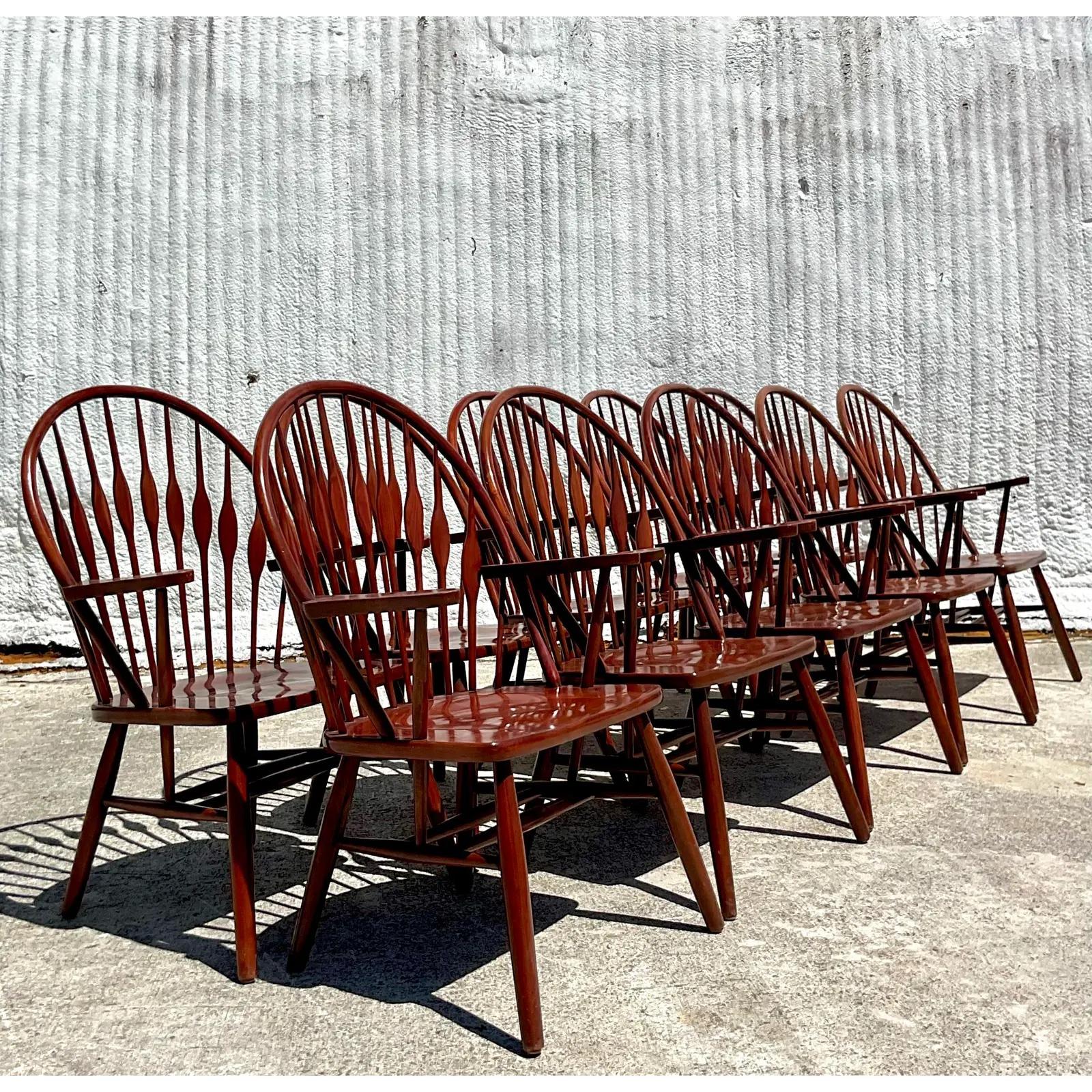 Fabulous set of 10 vintage boho dining chairs. A beautiful Windsor shape with a distinctive paddle back detail. Perfect as in or paint them Matt black for a contemporary farm house look. You decide! Acquired from a Palm Beach estate.