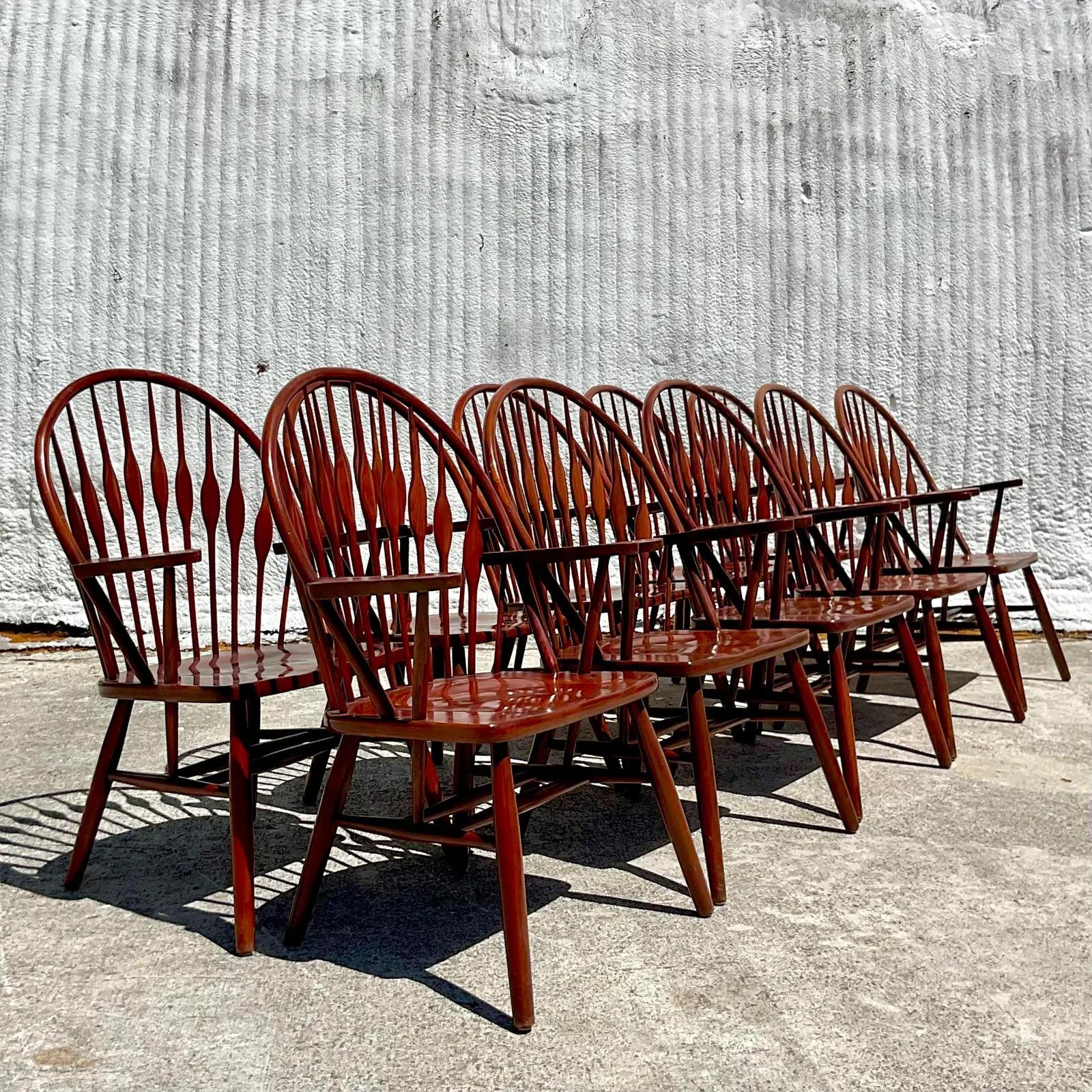 Vintage Boho Paddle Back Windsor Dining Chairs, Set of 10 In Good Condition In west palm beach, FL