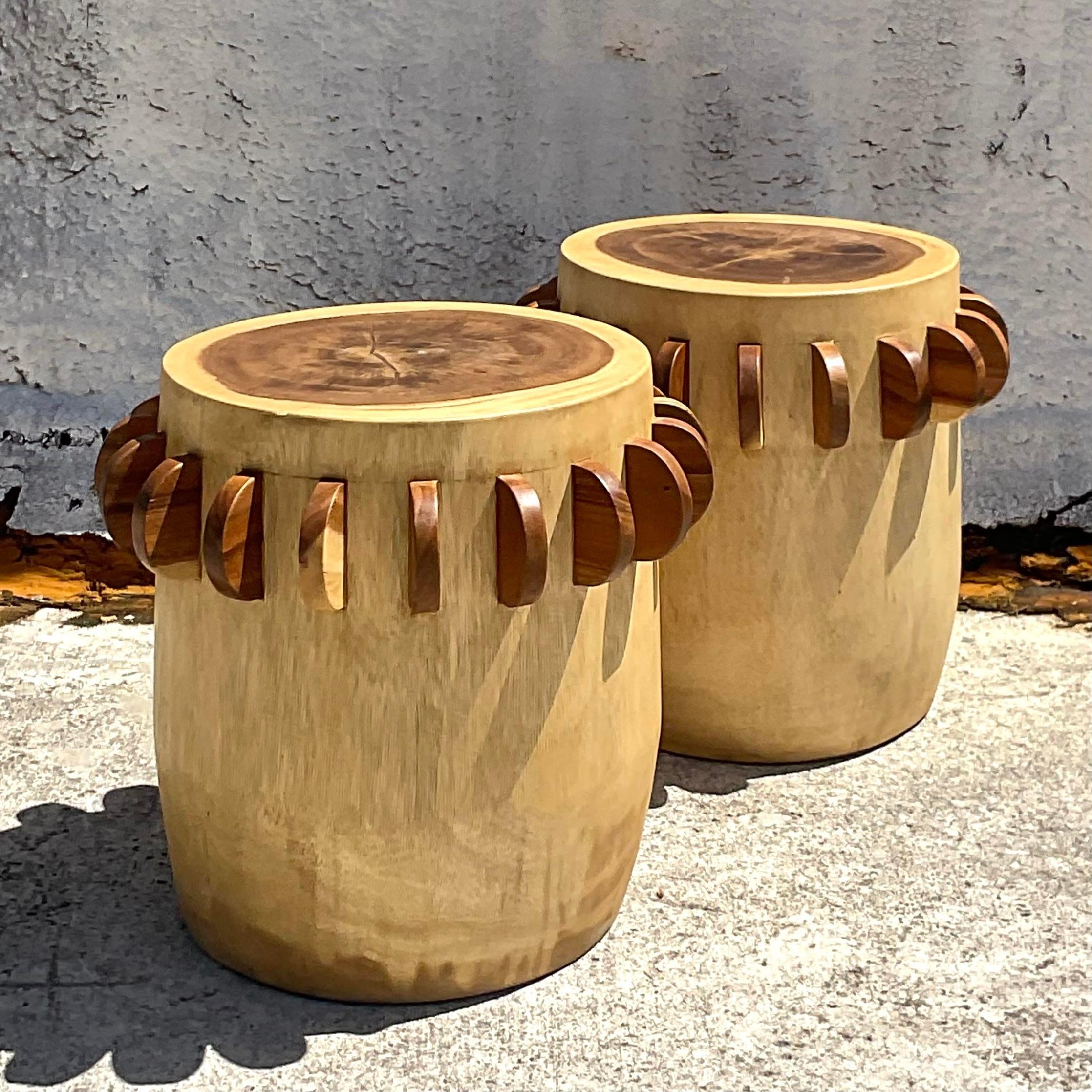 Philippine Vintage Boho Paddle Ring Low Stools - a Pair For Sale