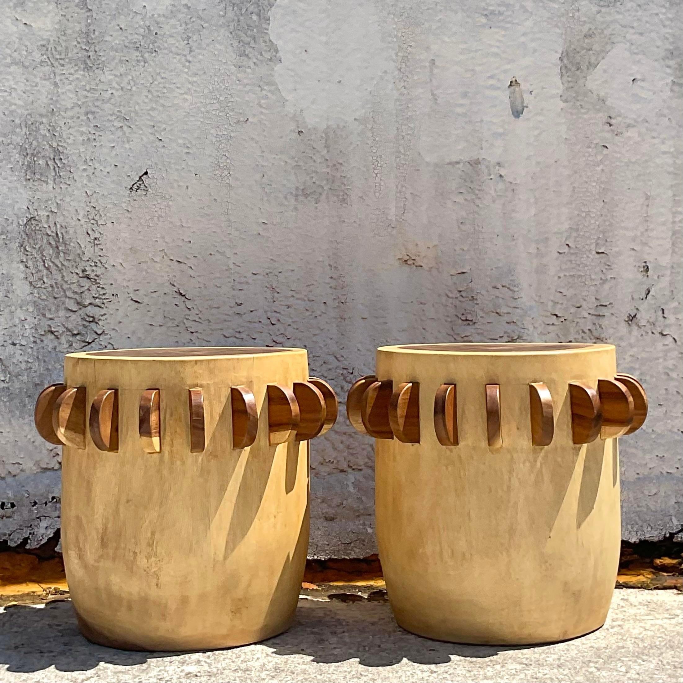 Vintage Boho Paddle Ring Low Stools - a Pair In Good Condition For Sale In west palm beach, FL