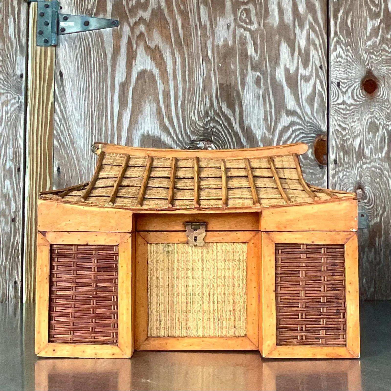 Rattan Vintage Boho Pagoda Trunk For Sale