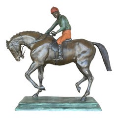 Vintage Boho Painted Bronze Horse With Jockey Sculpture