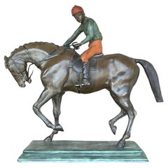 Vintage Boho Painted Bronze Horse With Jockey Sculpture