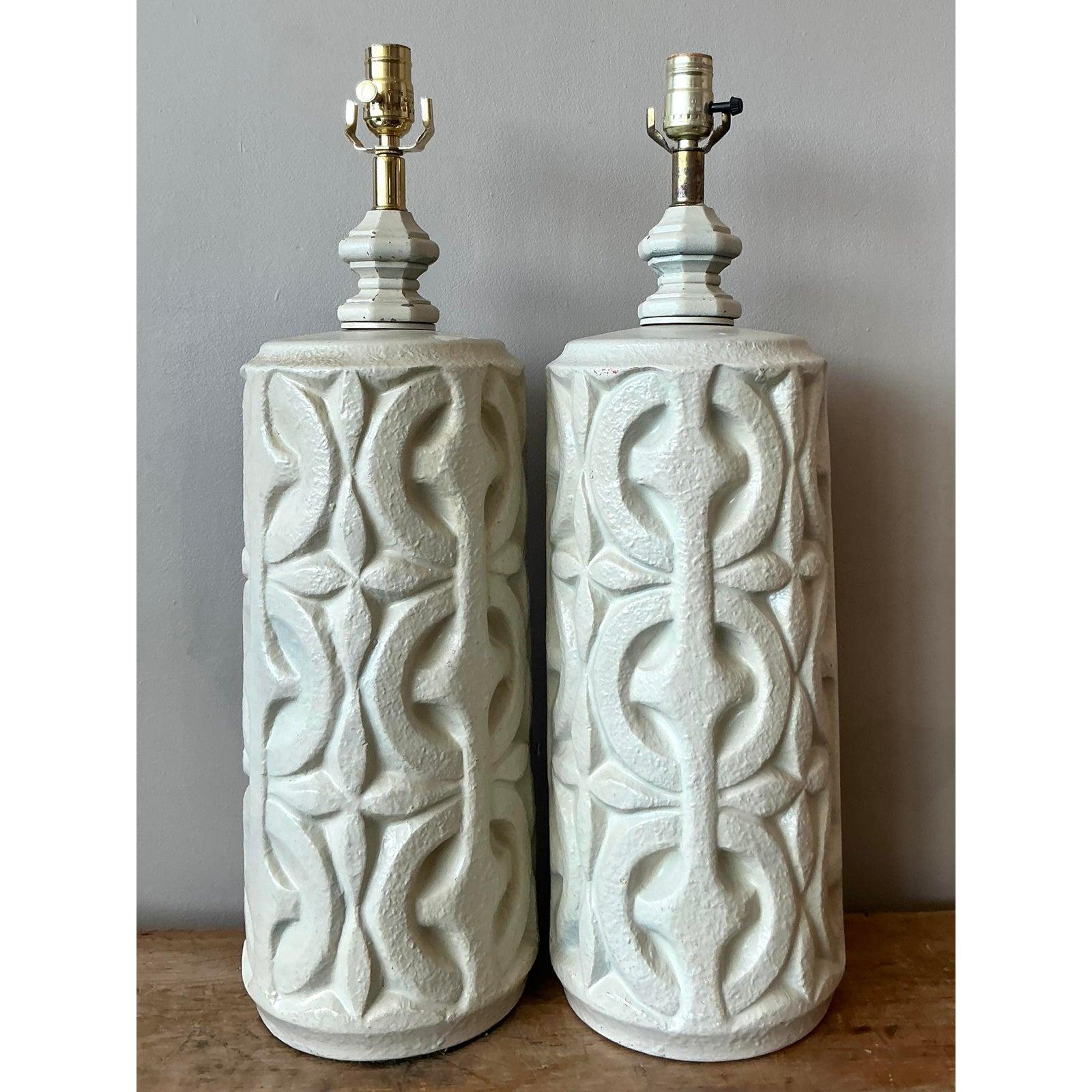 Brutalisme Paire de lampes Vintage Boho en céramique peinte en vente