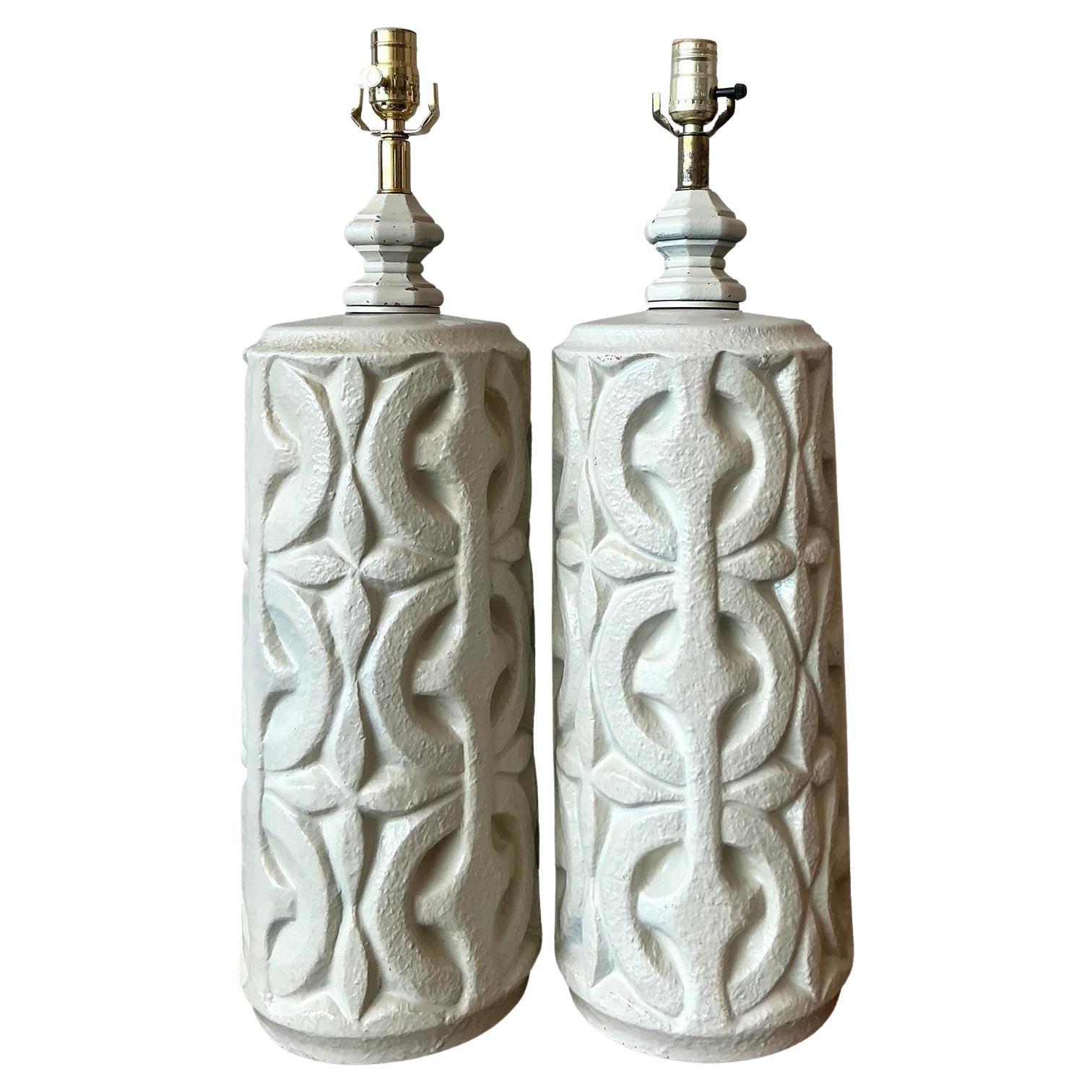 Vintage Boho Painted Ceramic Lamps - A Pair
