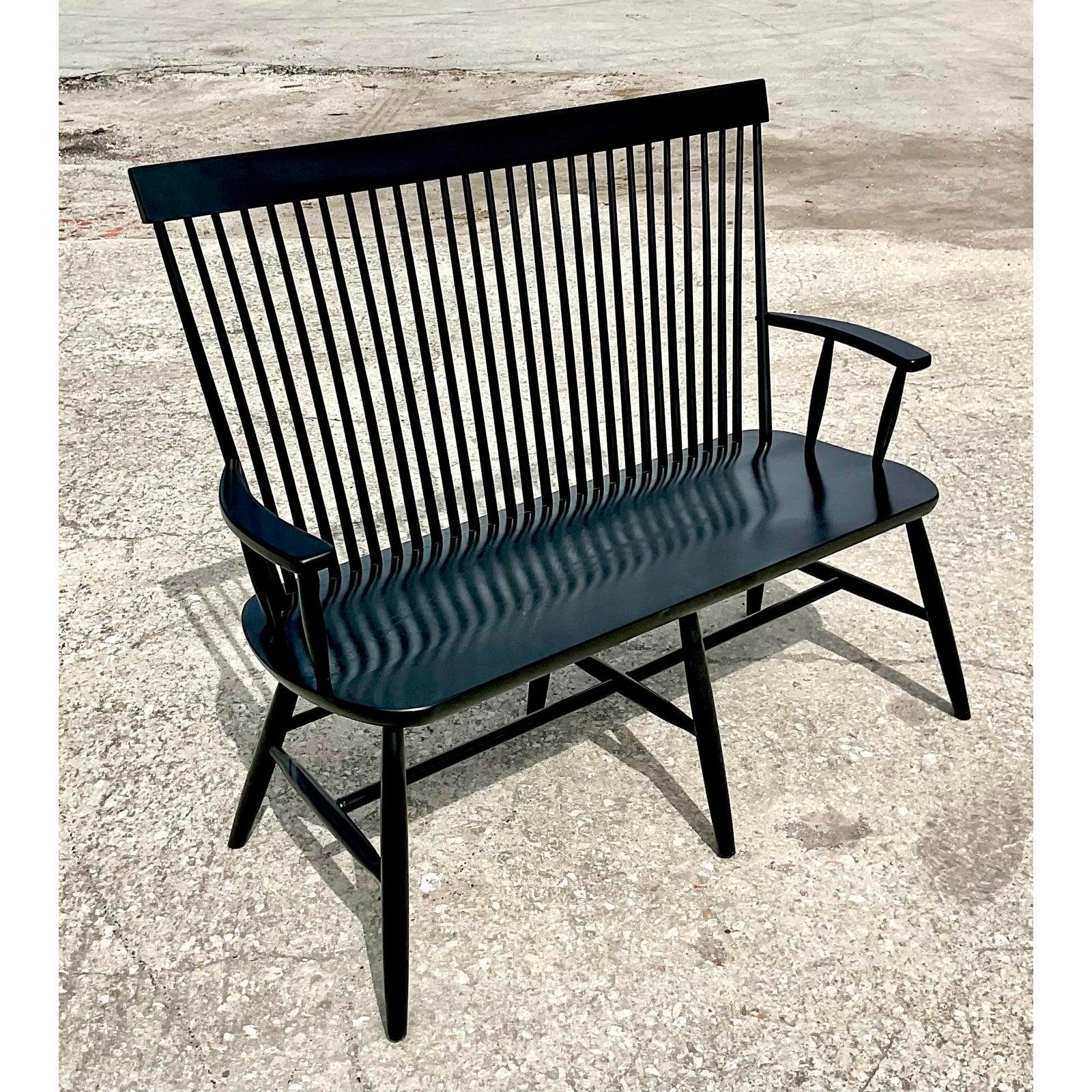 Fantastic vintage Boho Deacon’s bench. A chic painted black with a matte finish. Classic with a contemporary feel. Beautiful spindle back. Acquired from a Palm Beach estate.