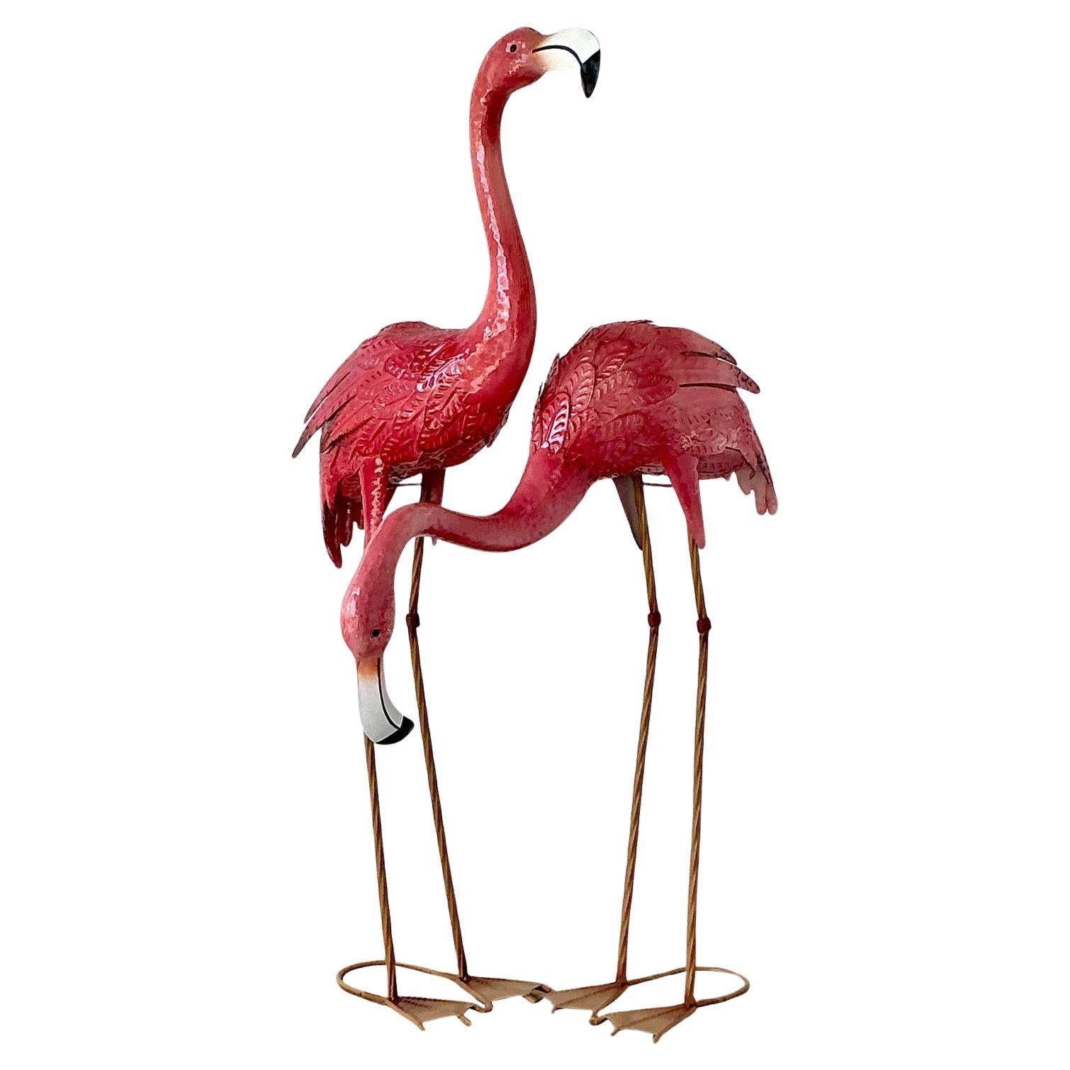 Vintage Boho Painted Metal Flamingos - Set of 2