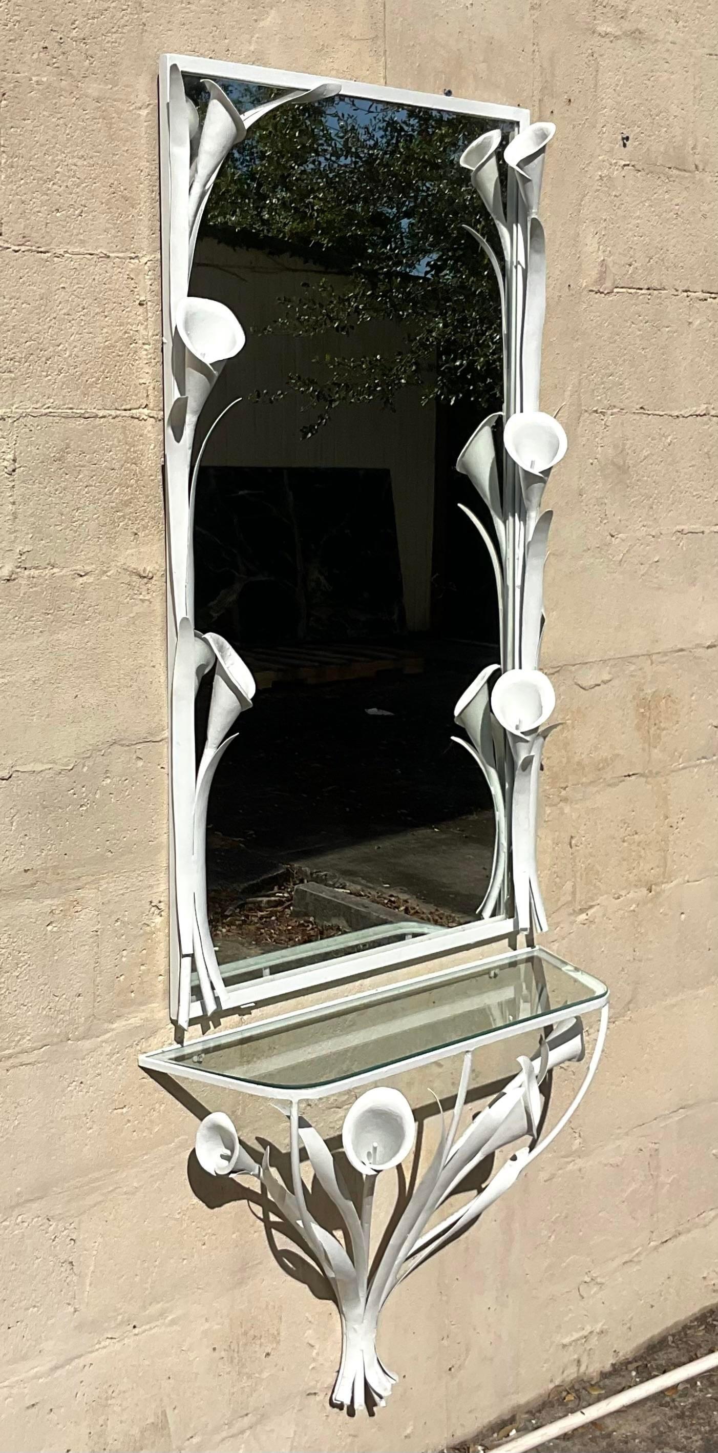 Vintage Boho Painted Metal Lily Hall Mirror and Table 1