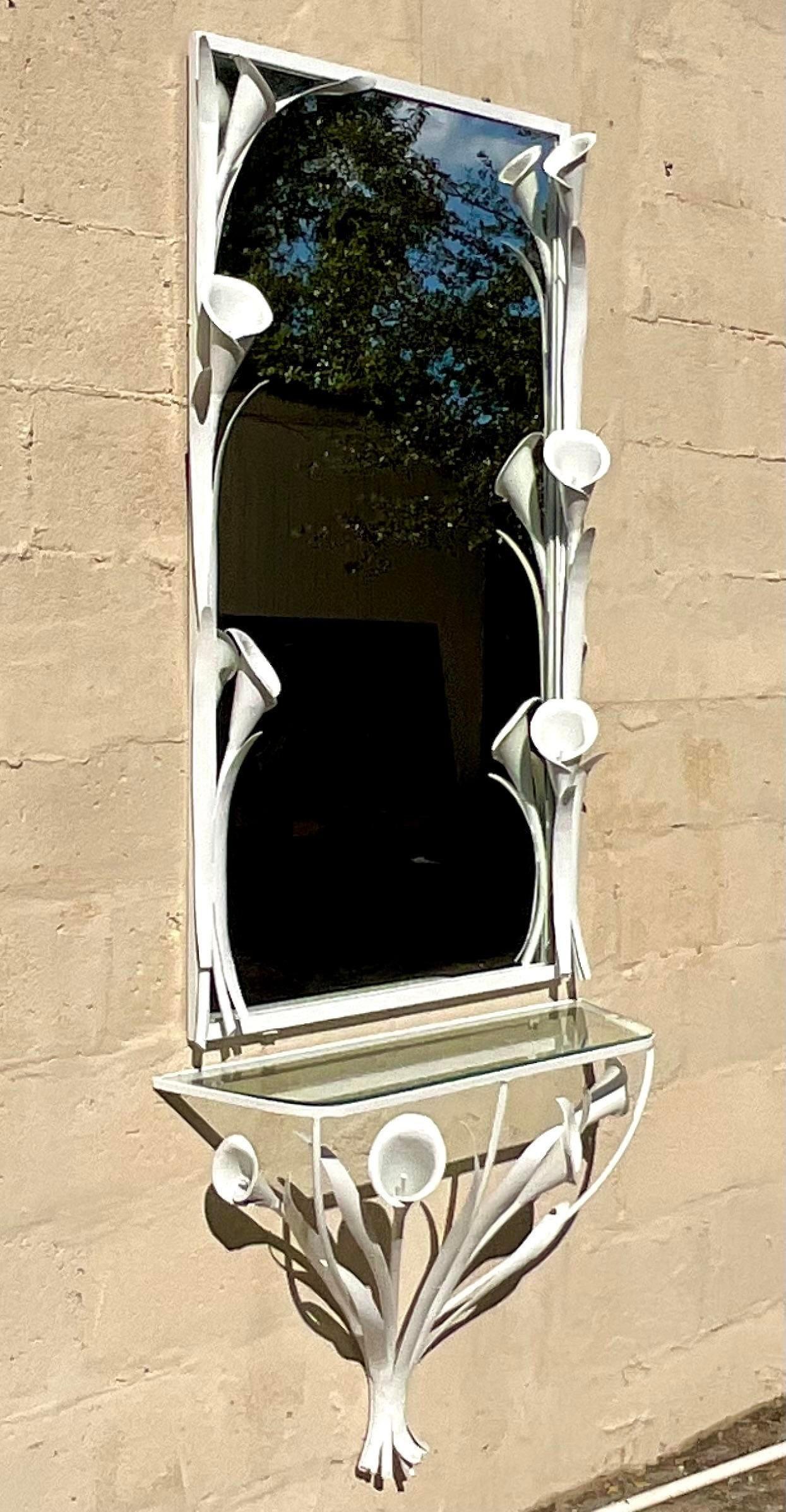 Vintage Boho Painted Metal Lily Hall Mirror and Table 3