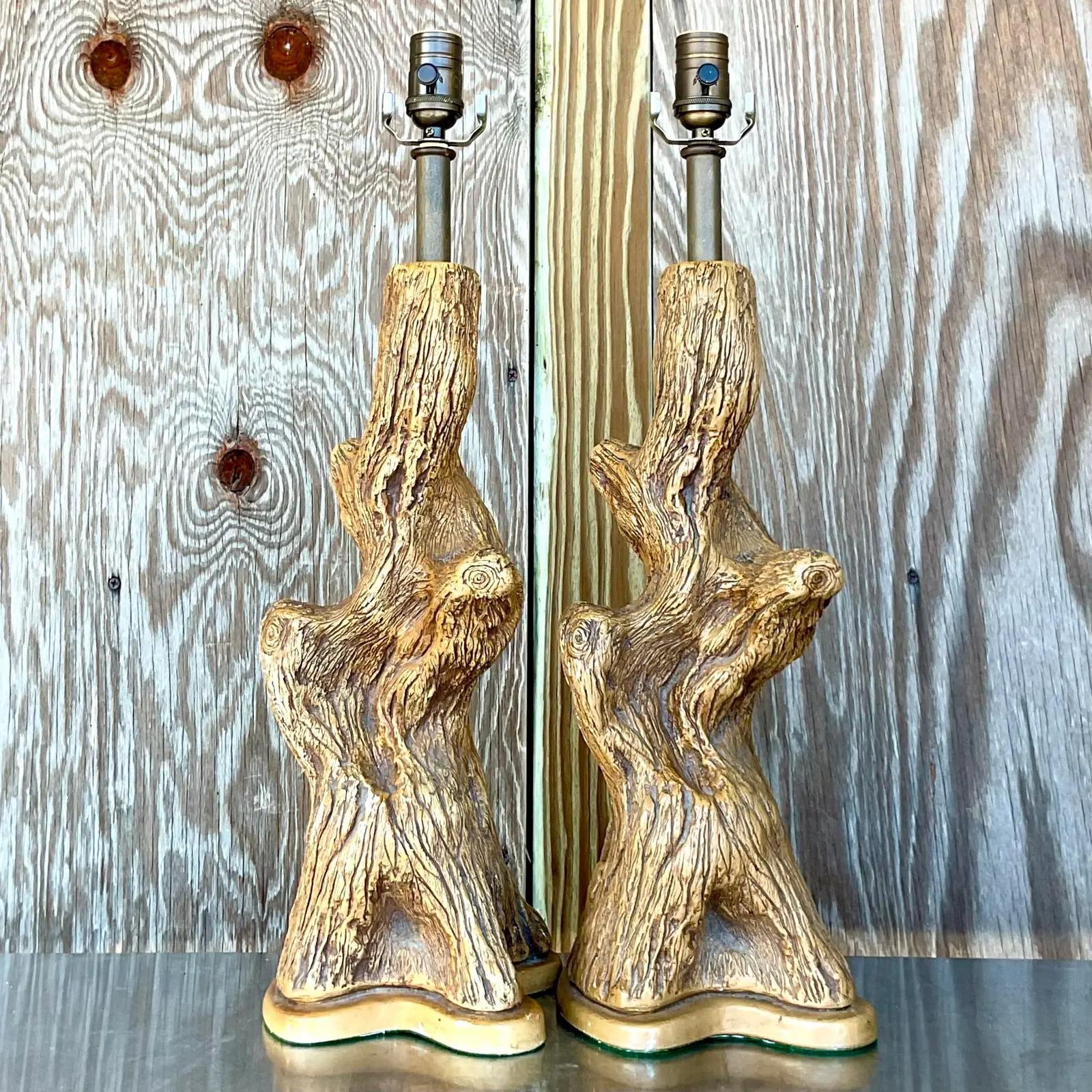 Vintage Boho Painted Plaster Tree Trunk Lamps - a Pair In Good Condition For Sale In west palm beach, FL