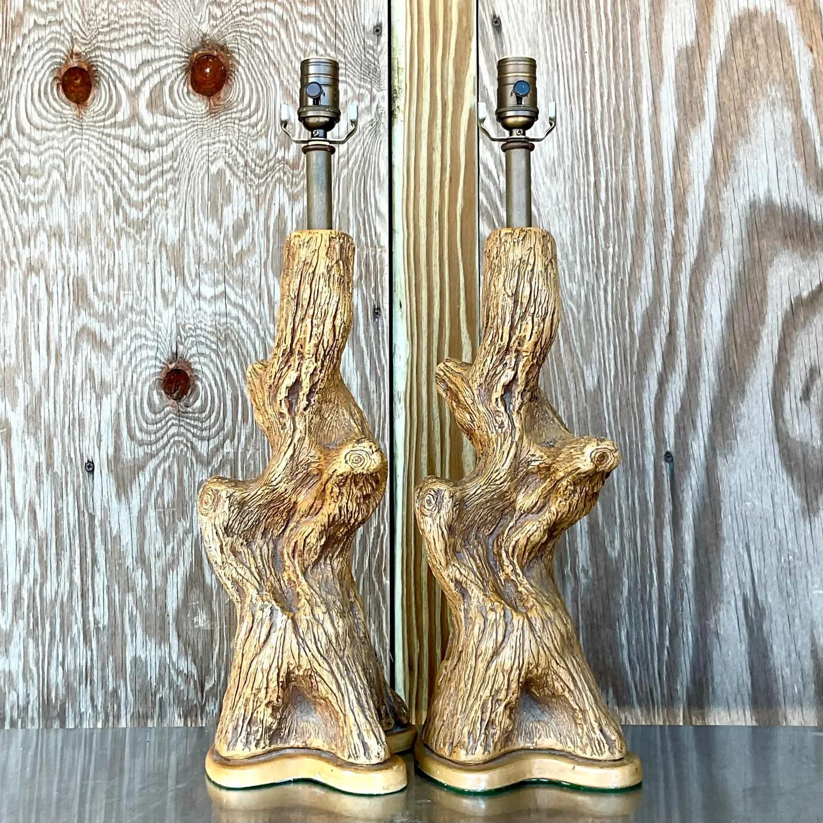 20th Century Vintage Boho Painted Plaster Tree Trunk Lamps - a Pair For Sale