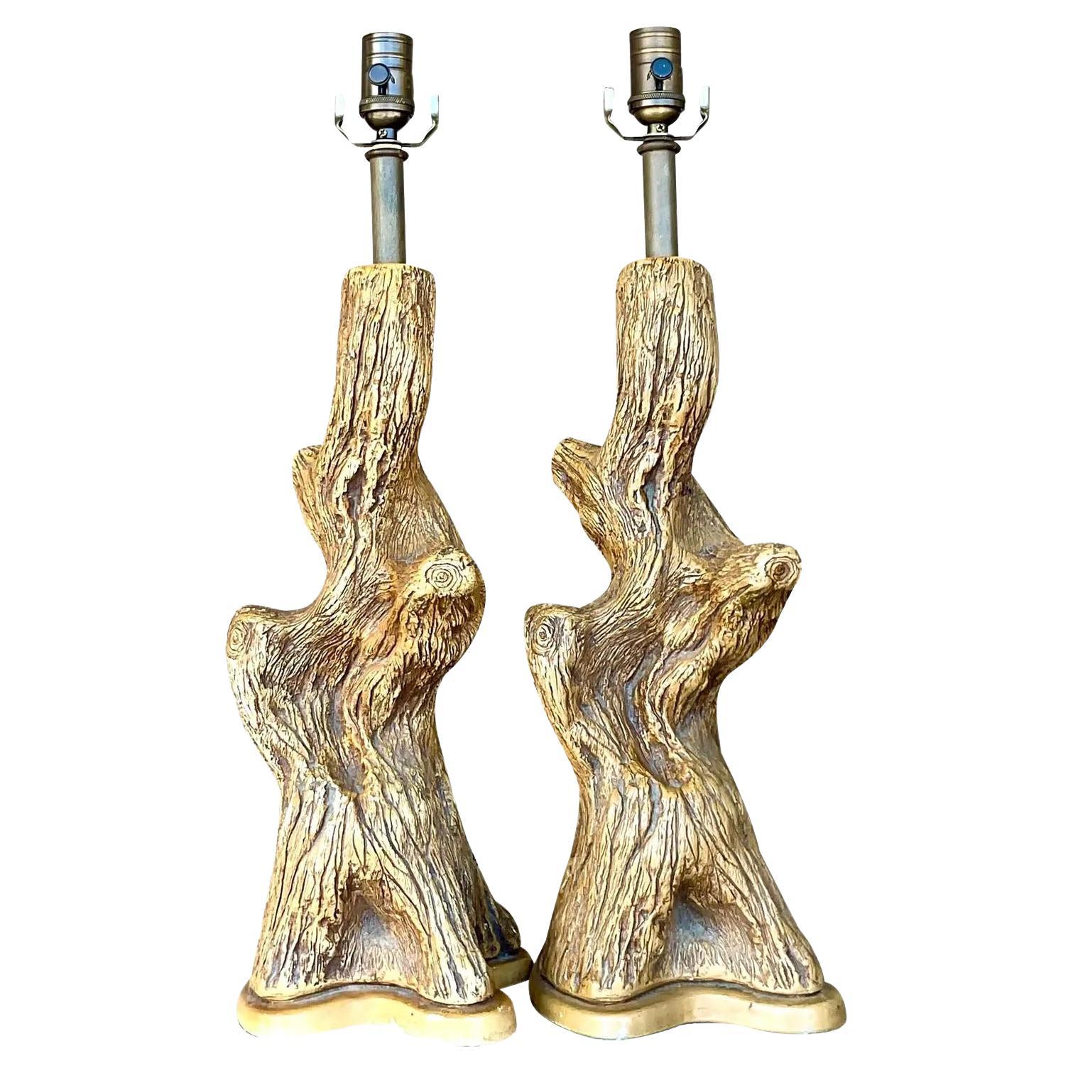Vintage Boho Painted Plaster Tree Trunk Lamps - a Pair For Sale