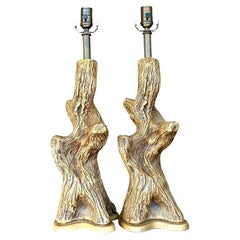 Retro Boho Painted Plaster Tree Trunk Lamps - a Pair