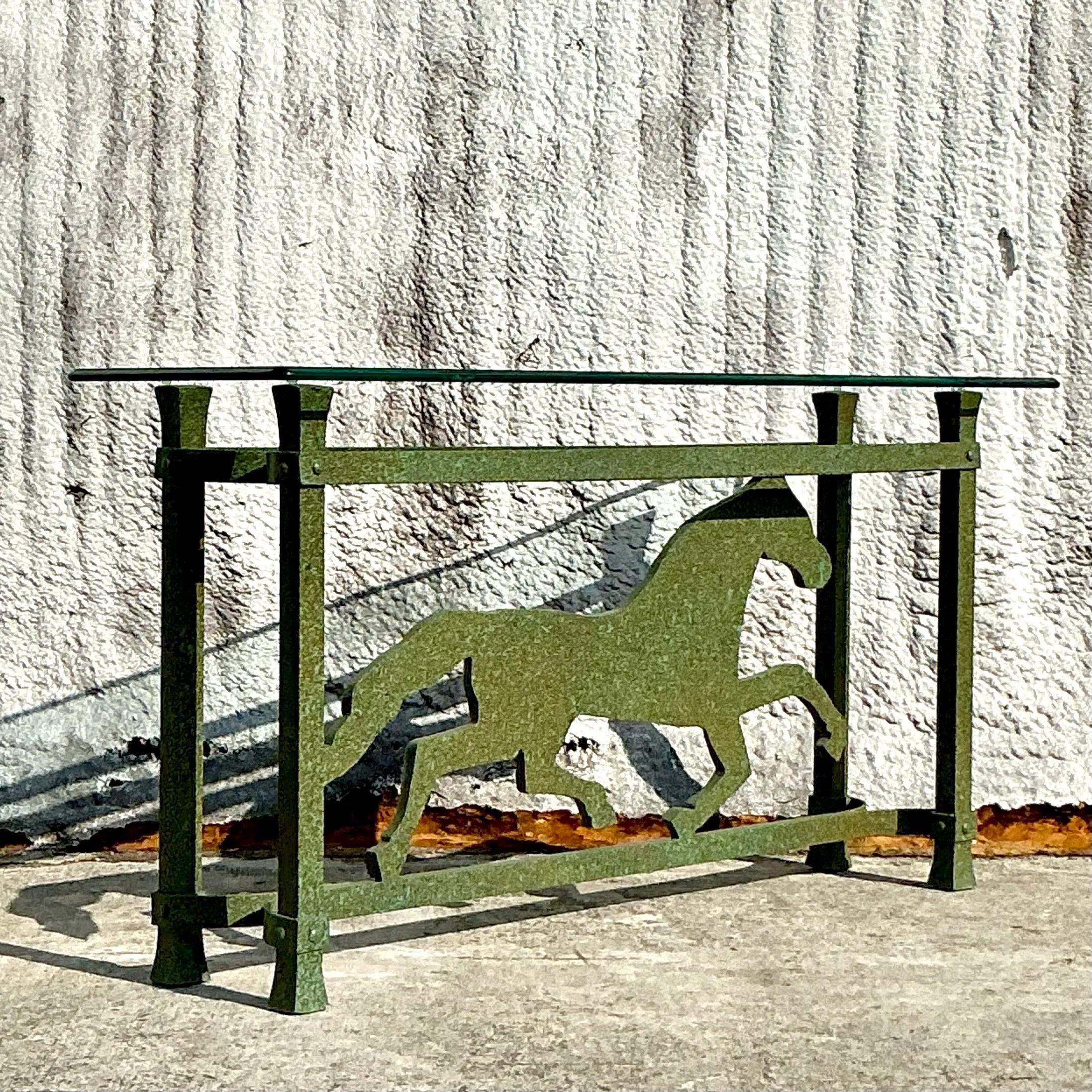 Rustic Vintage Boho Painted Running Horse Console Table For Sale