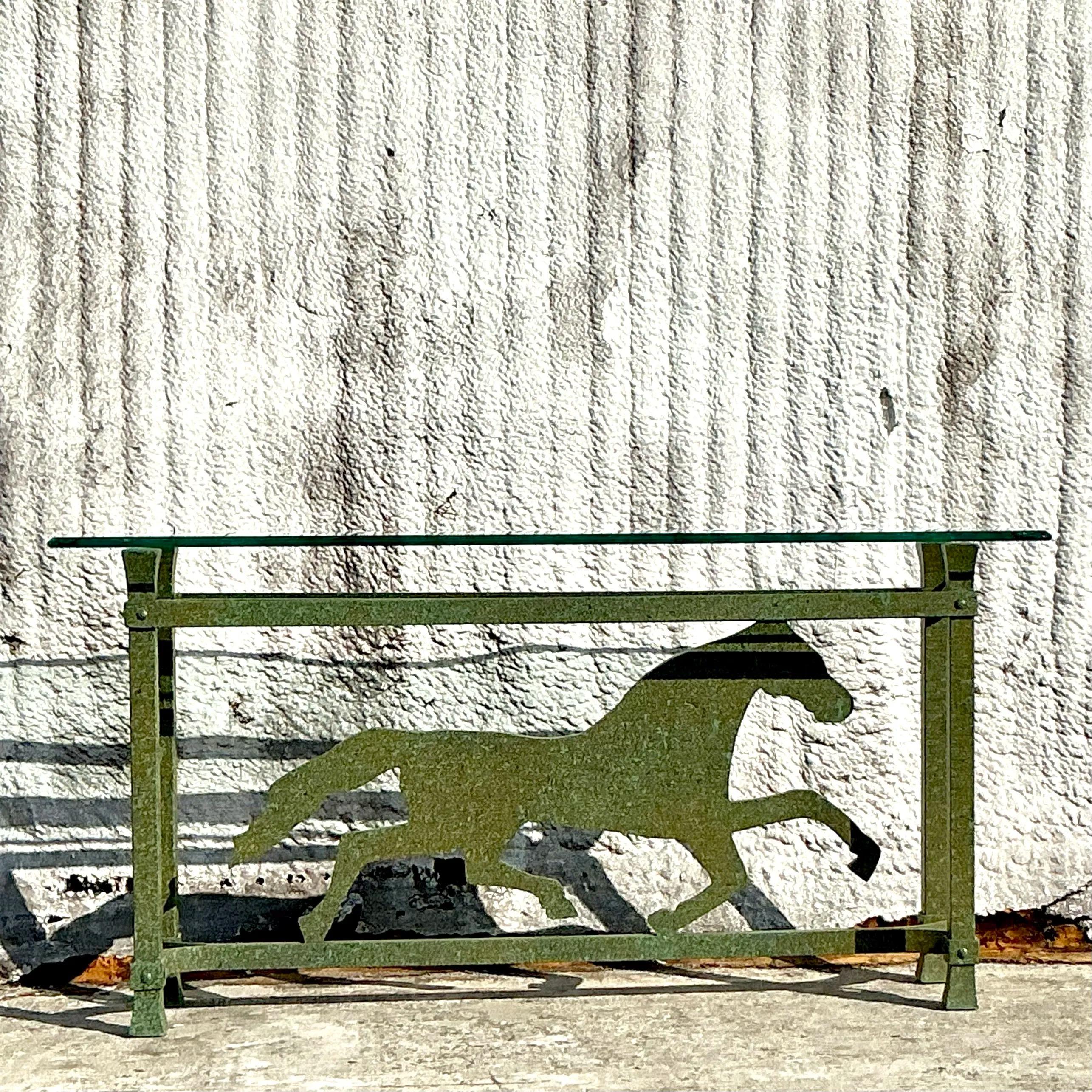 Vintage Boho Painted Running Horse Console Table In Good Condition For Sale In west palm beach, FL