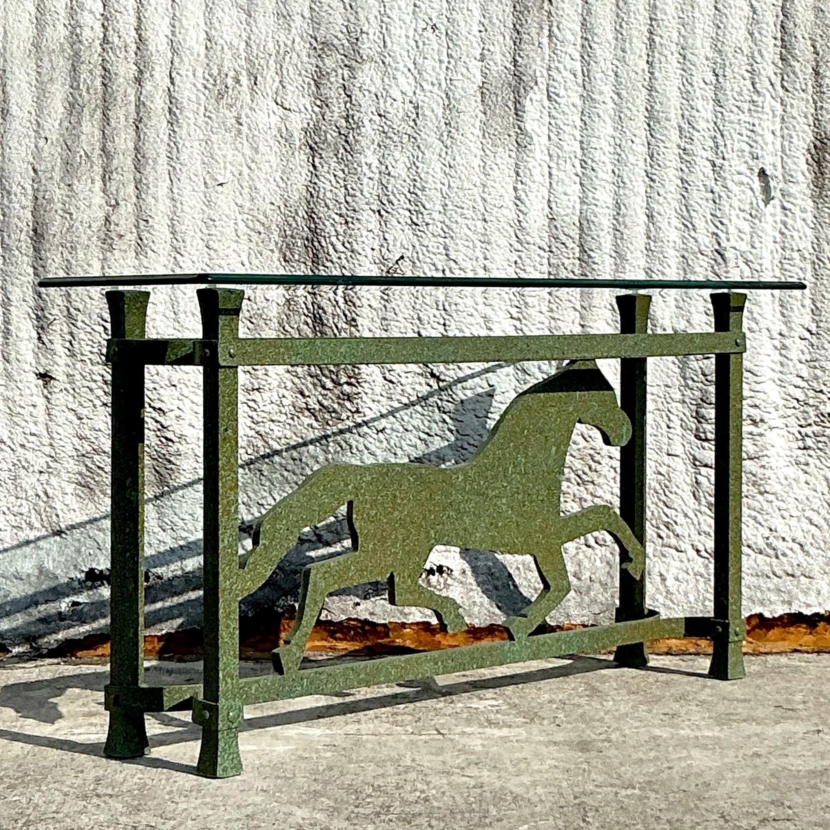20th Century Vintage Boho Painted Running Horse Console Table For Sale