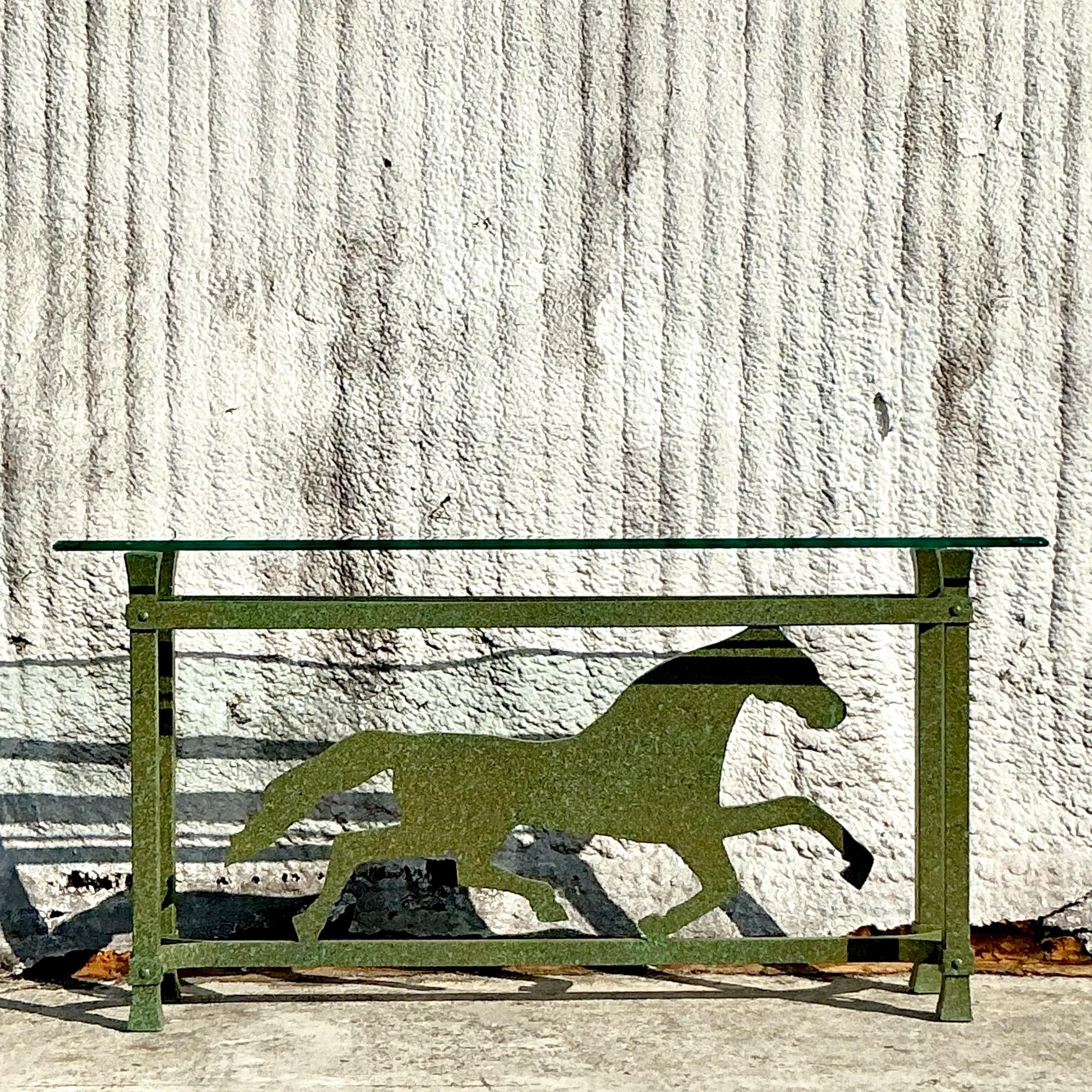 Metal Vintage Boho Painted Running Horse Console Table For Sale