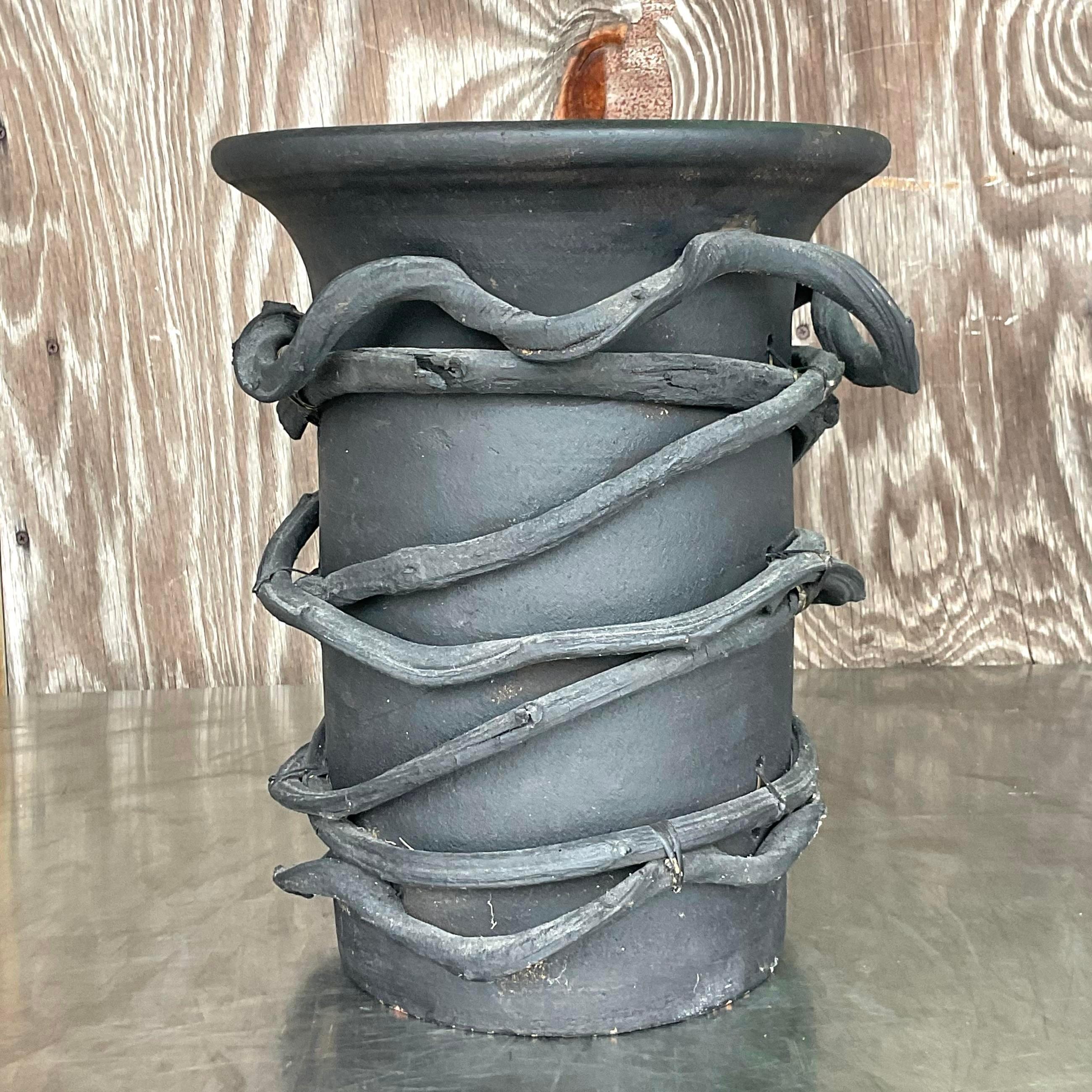 Vintage Boho Painted Studio Pottery Vase With Wrapped Vine In Good Condition For Sale In west palm beach, FL