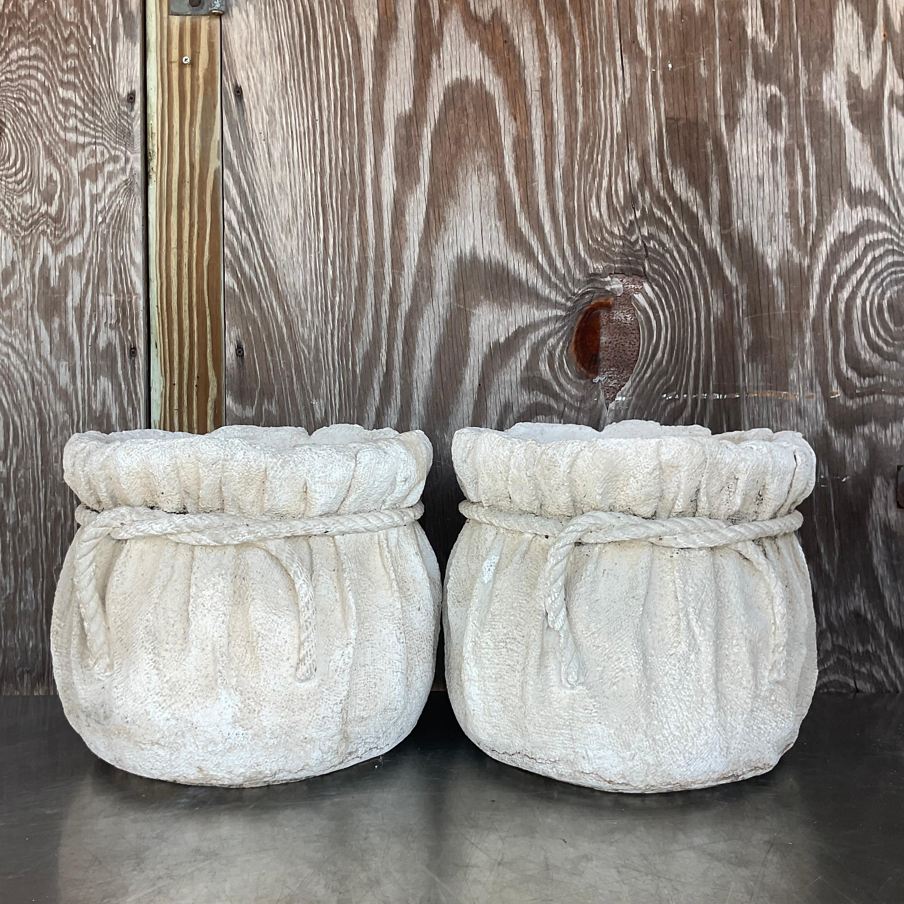 Rustic Vintage Boho Painted Terra Cotta Rope Planters - a Pair For Sale