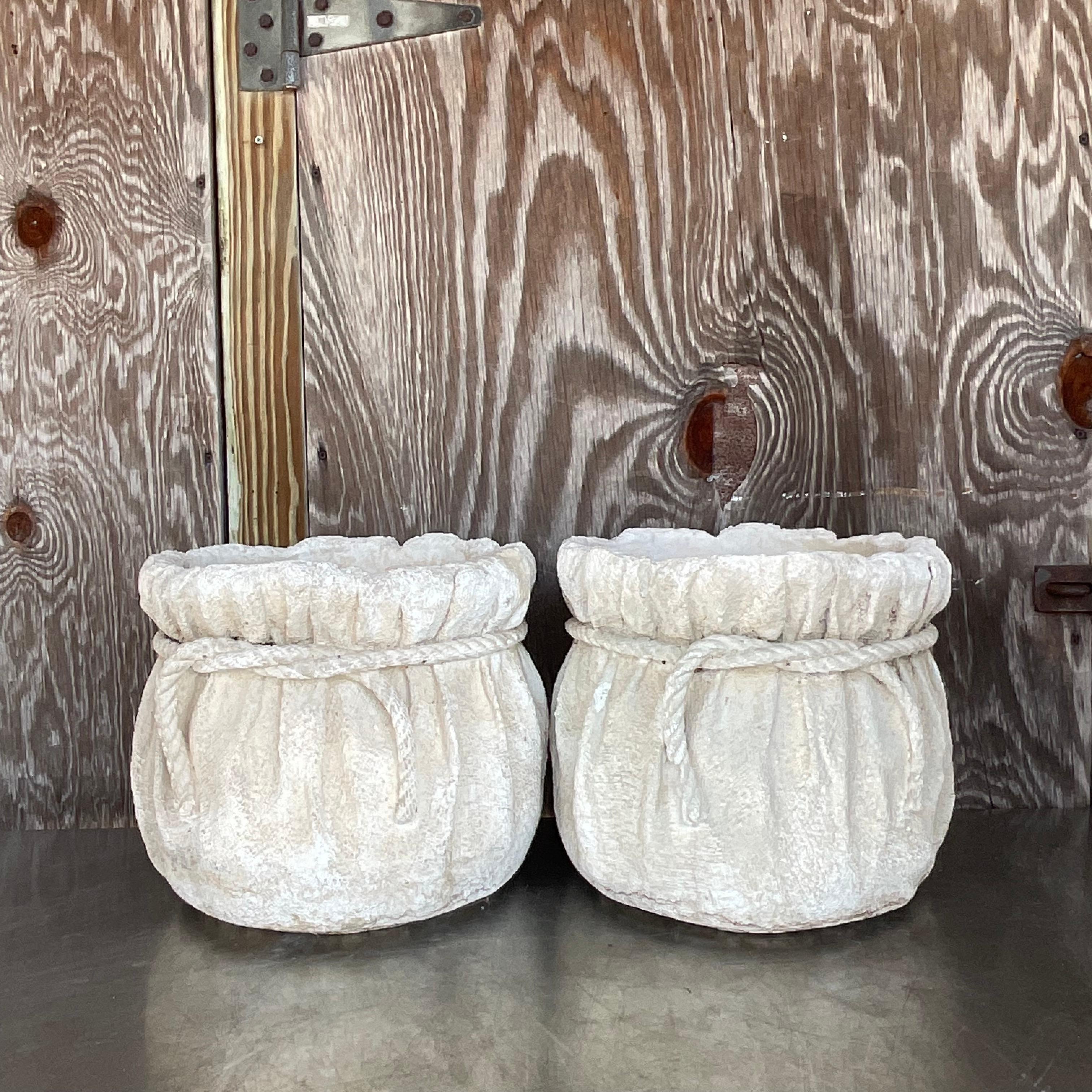 American Vintage Boho Painted Terra Cotta Rope Planters - a Pair For Sale
