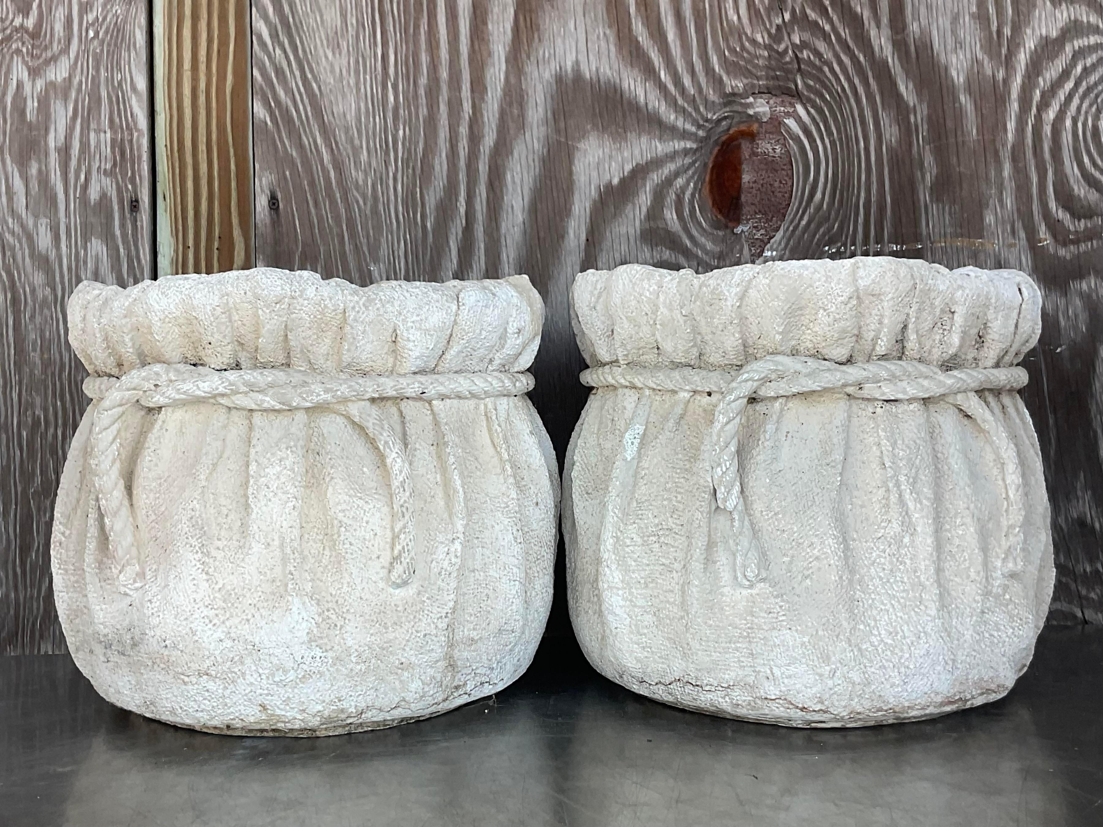 Vintage Boho Painted Terra Cotta Rope Planters - a Pair In Good Condition For Sale In west palm beach, FL