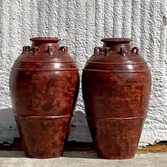 Vintage Boho Painted Terracotta Urn - a Pair
