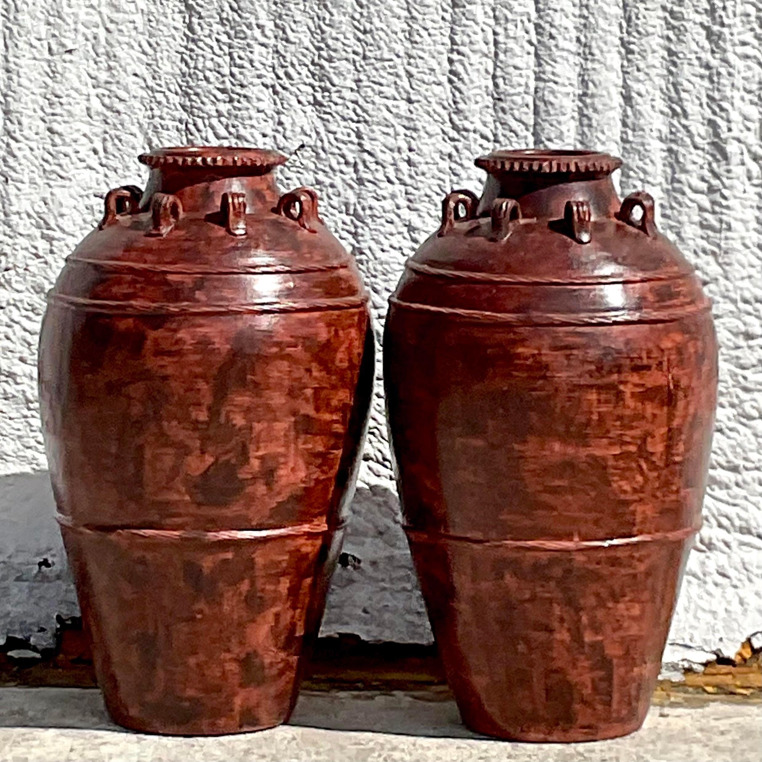 North American Vintage Boho Painted Terracotta Urn - a Pair For Sale