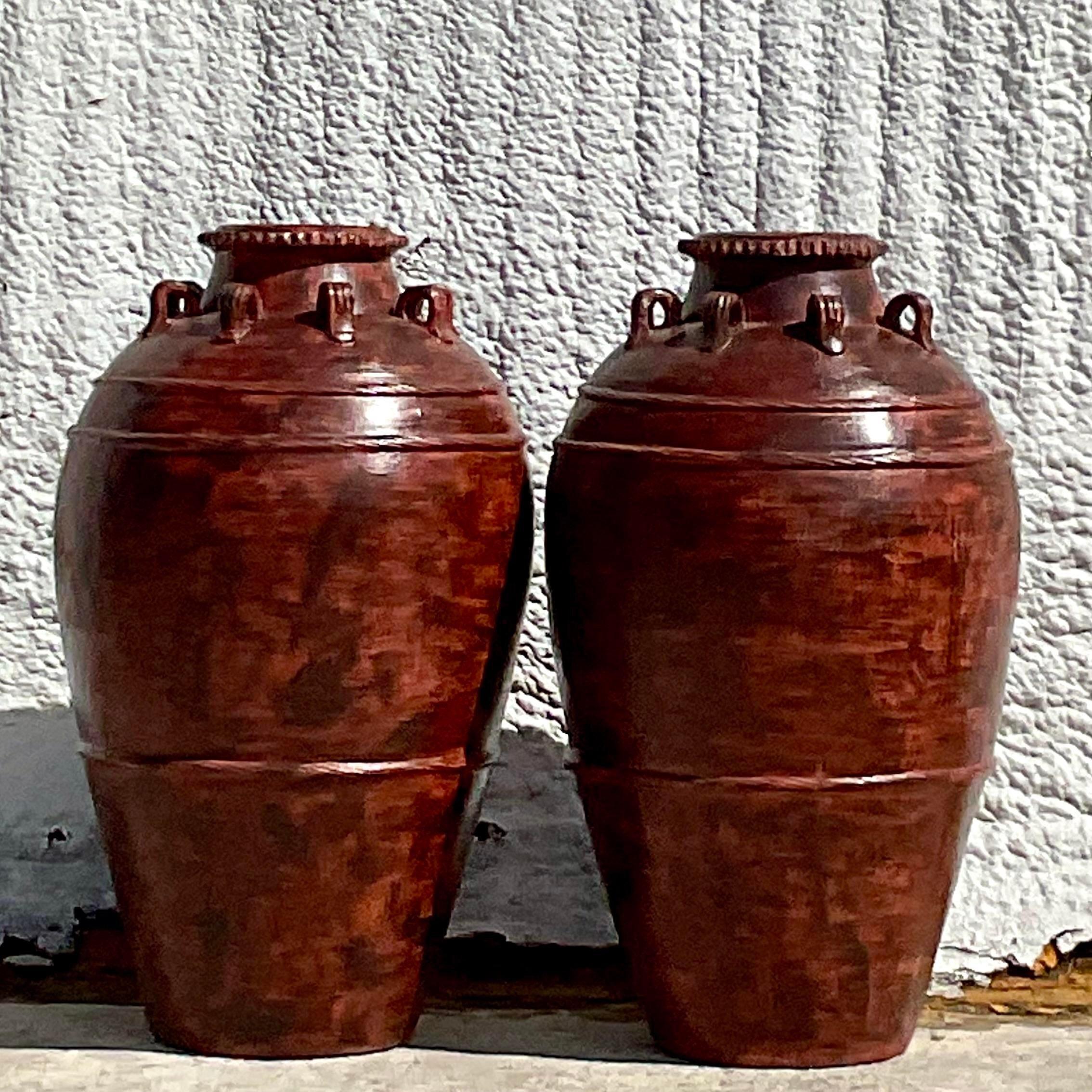 Vintage Boho Painted Terracotta Urn - a Pair In Good Condition For Sale In west palm beach, FL