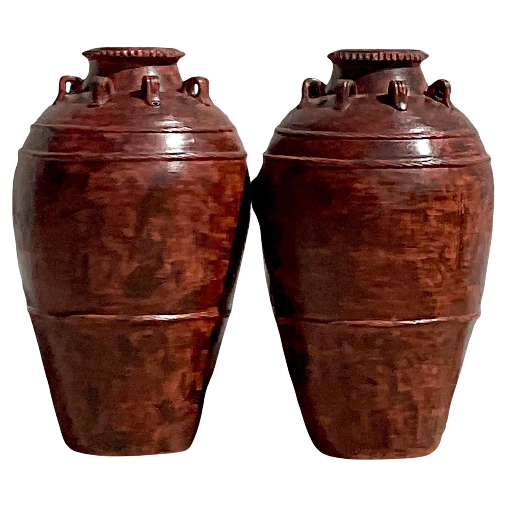 Vintage Boho Painted Terracotta Urn - a Pair