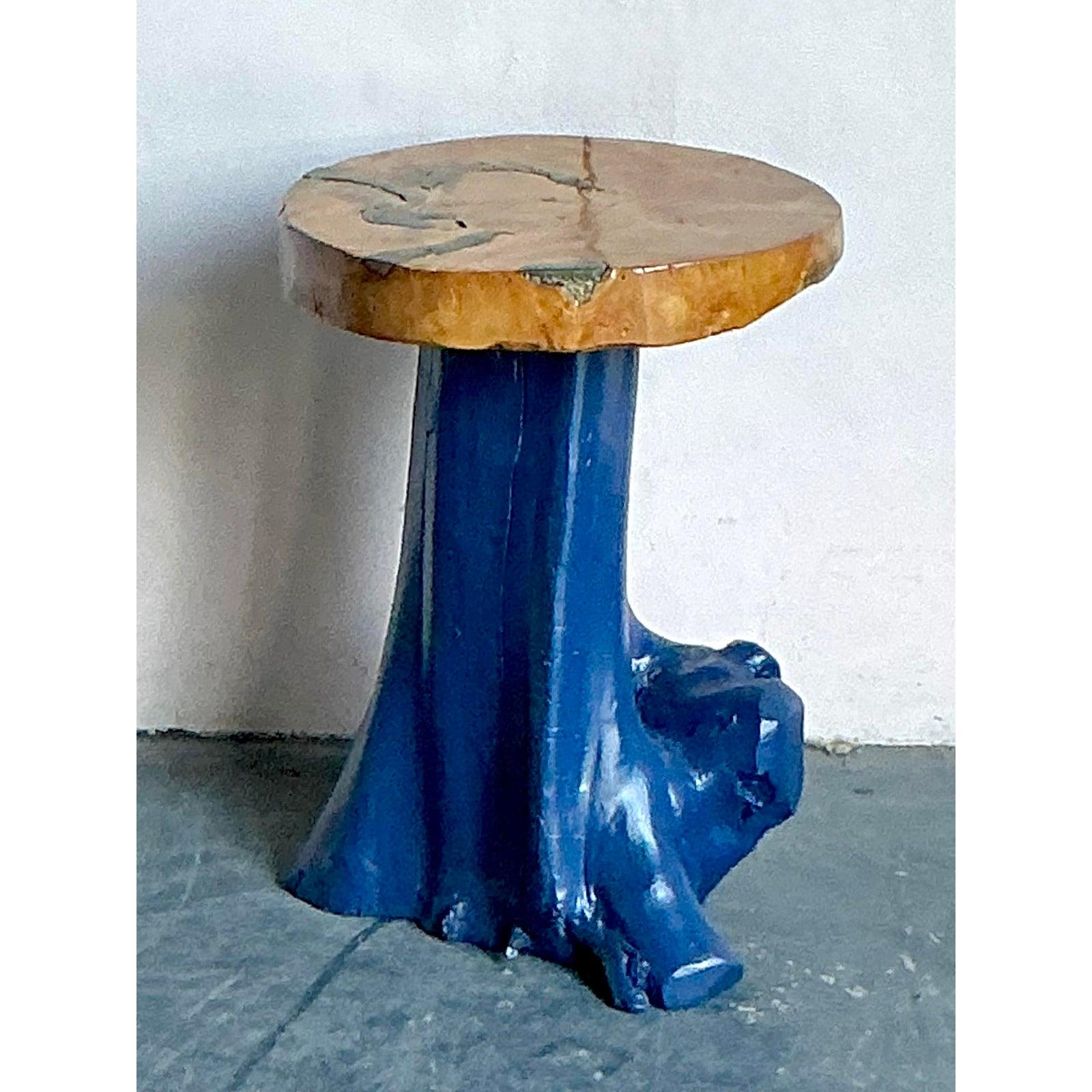 Organic Modern Vintage Boho Painted Tree Trunk Stools - Set of Three For Sale