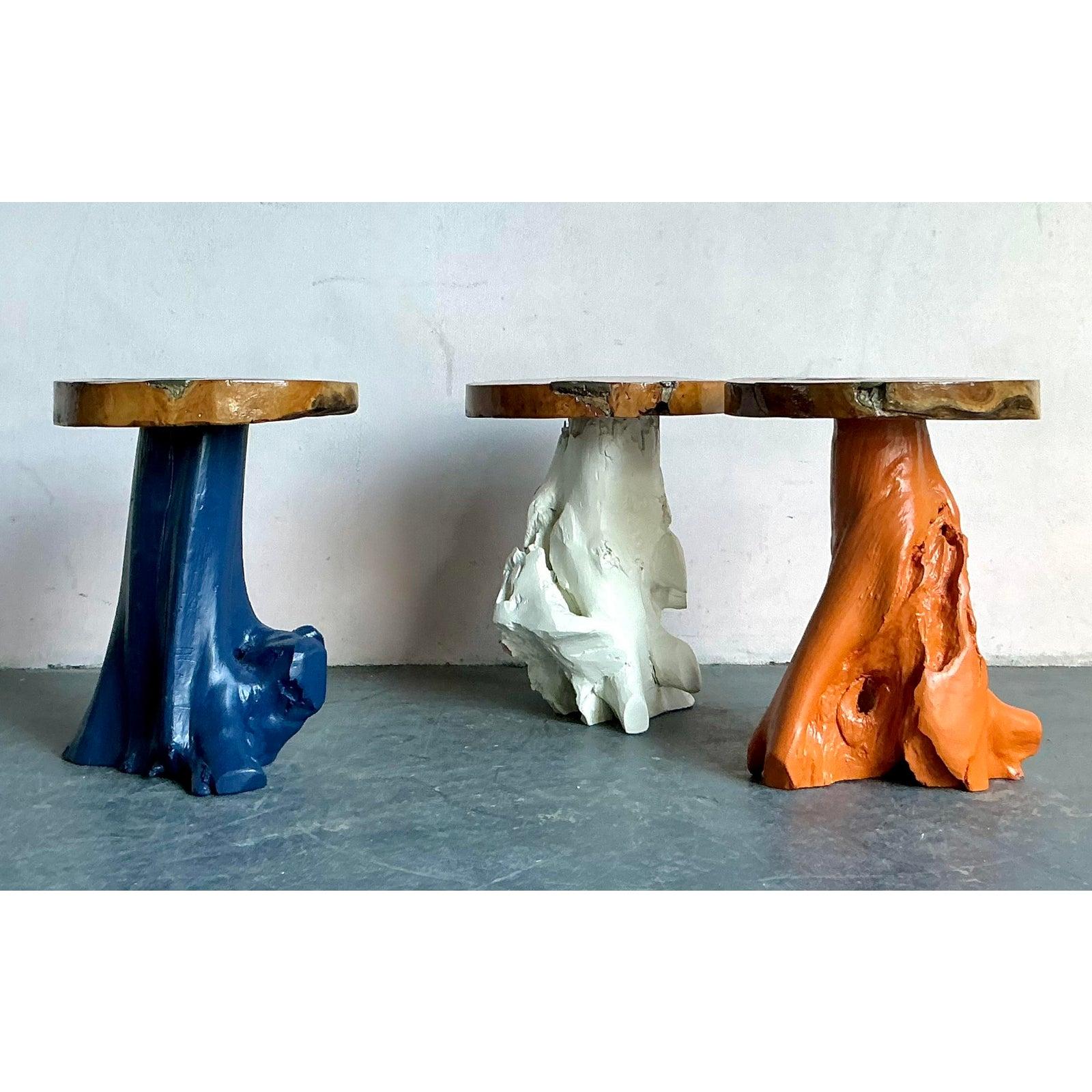 American Vintage Boho Painted Tree Trunk Stools - Set of Three For Sale