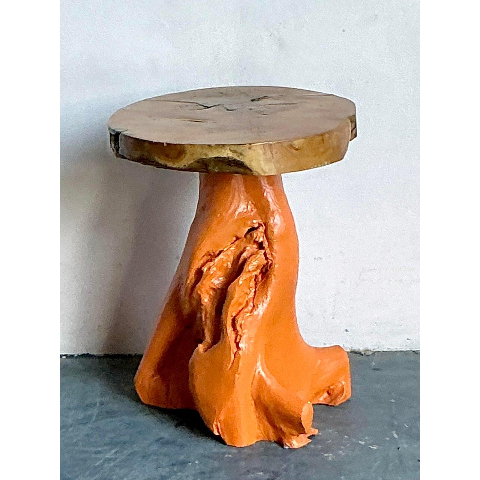 Vintage Boho Painted Tree Trunk Stools - Set of Three In Good Condition For Sale In West Palm Beach, FL