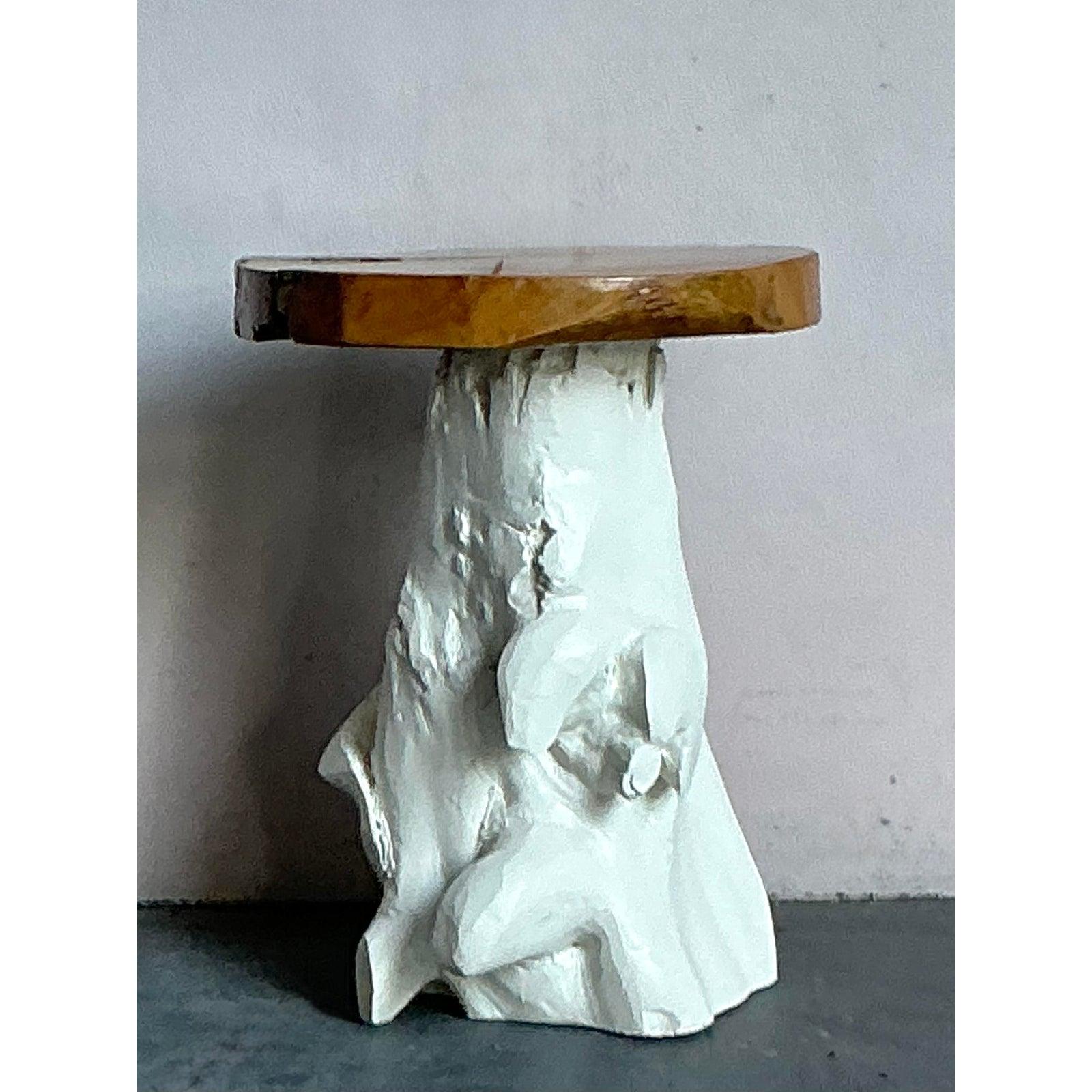 20th Century Vintage Boho Painted Tree Trunk Stools - Set of Three For Sale