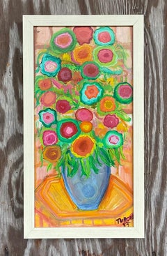 Vintage Boho Painting of Flowers in Vase