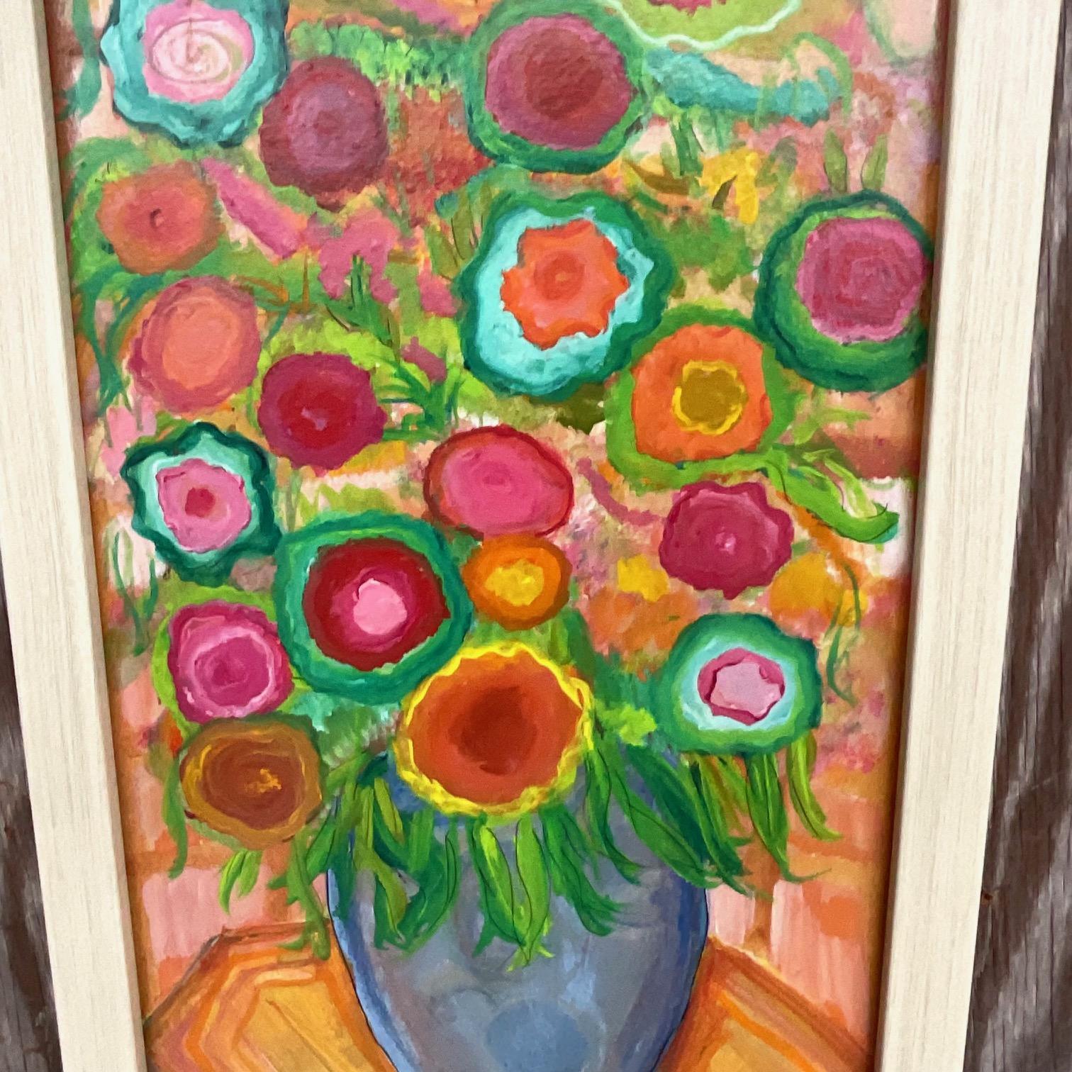 Bohemian Vintage Boho Painting of Flowers in Vase For Sale