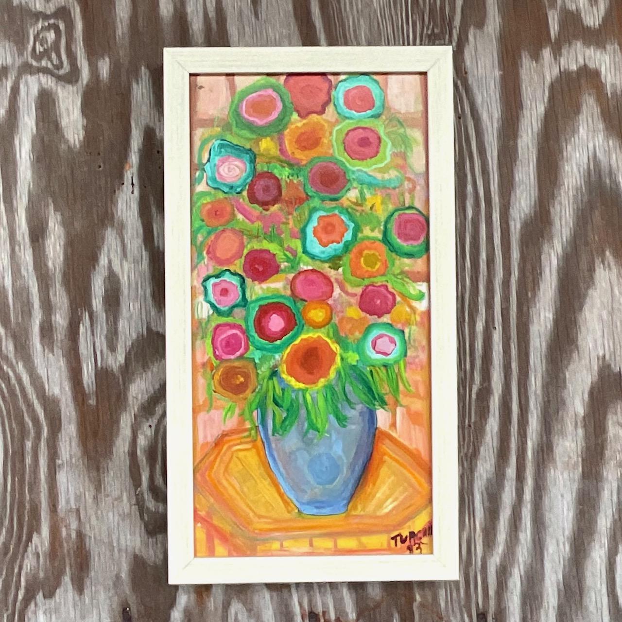 Canvas Vintage Boho Painting of Flowers in Vase For Sale
