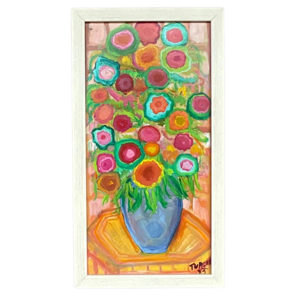 Vintage Boho Painting of Flowers in Vase For Sale