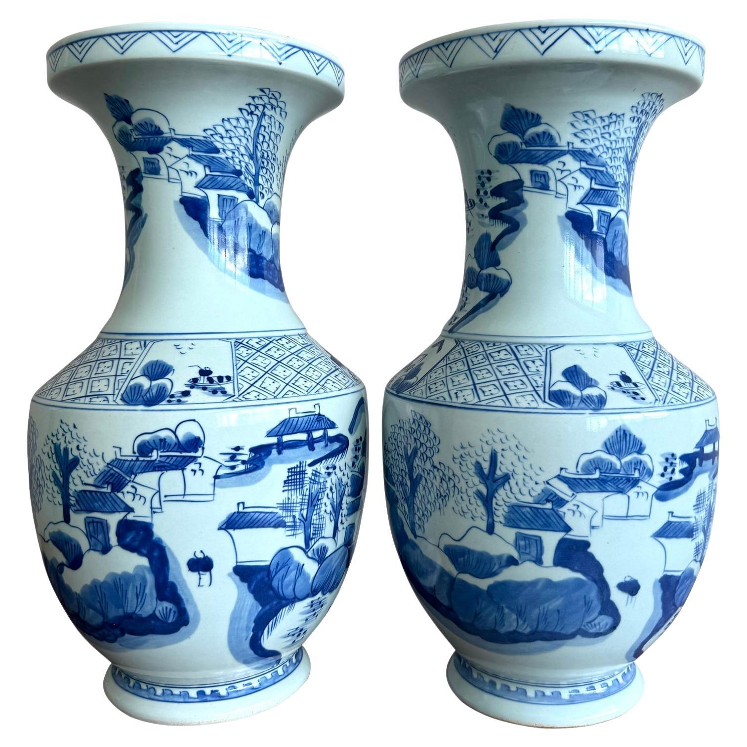 Vintage Boho Pair of Blue and White Porcelain Vases