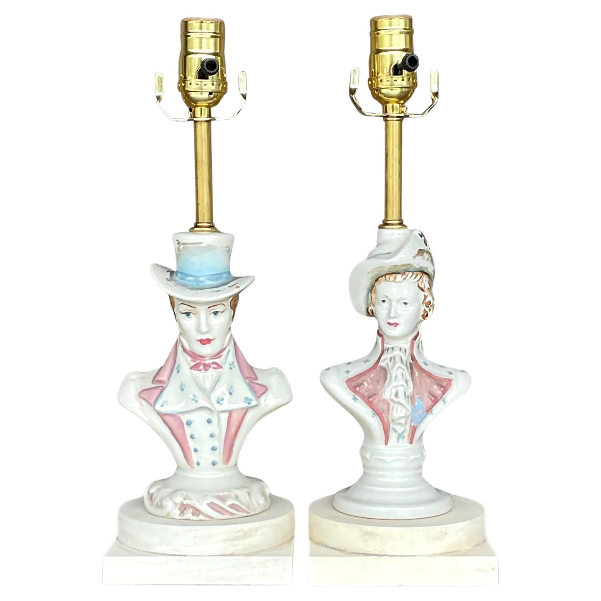 Vintage Boho Paar glasierte Keramik Gentlemen Lampen