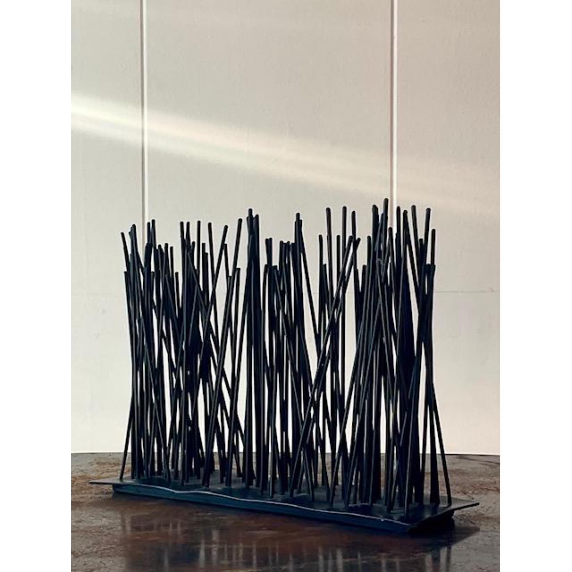 A fabulous vintage Boho metal sculpture. Made by the iconic Palecek group and tagged on the bottom. A chic Abstract composition in a matte black finish. 