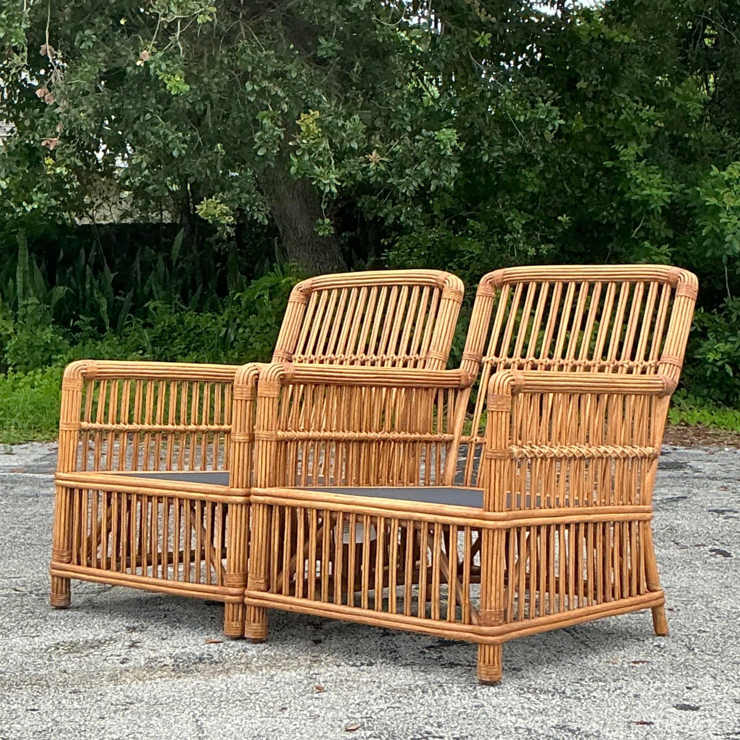 Vintage Boho Palecek Stick Rattan Lounge Chairs - a Pair 4