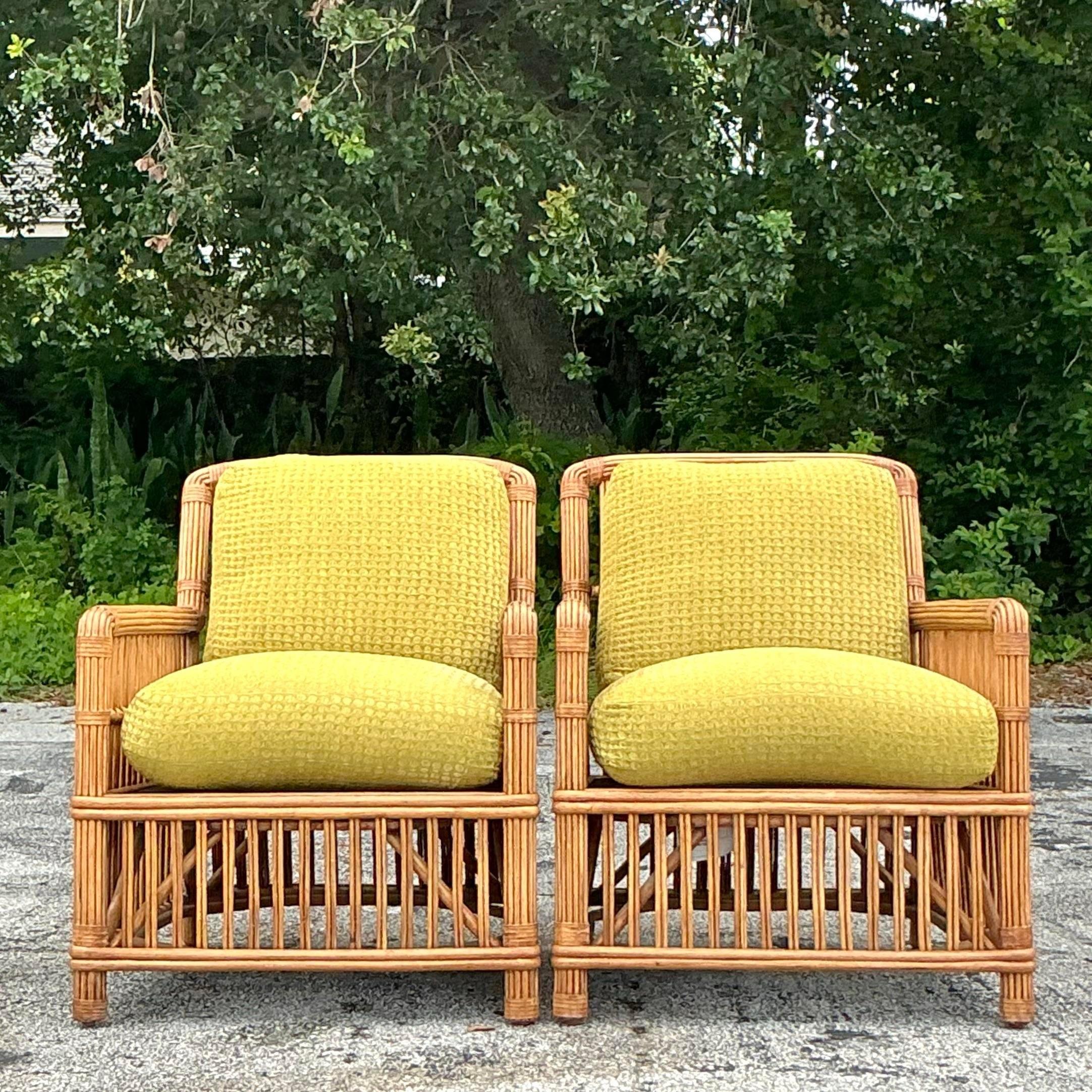 American Vintage Boho Palecek Stick Rattan Lounge Chairs - a Pair