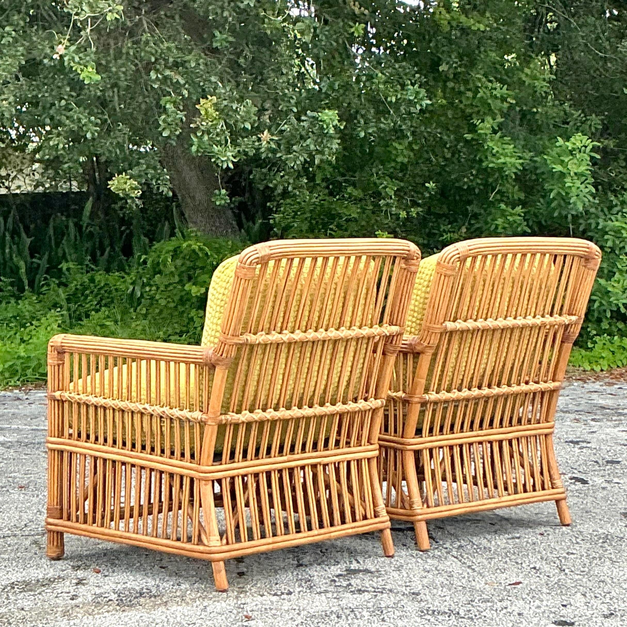 Vintage Boho Palecek Stick Rattan Lounge Chairs - a Pair In Good Condition In West Palm Beach, FL