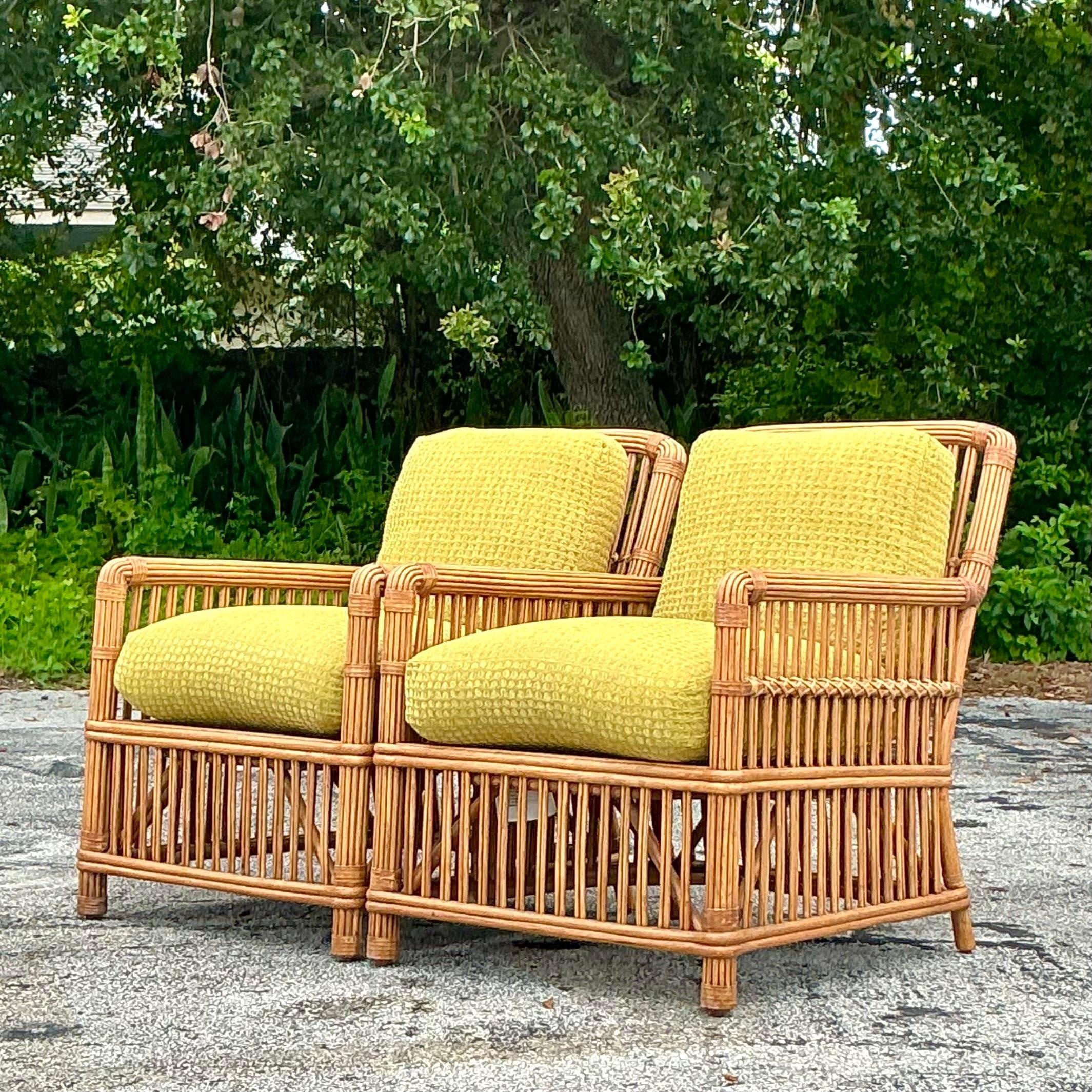 20th Century Vintage Boho Palecek Stick Rattan Lounge Chairs - a Pair