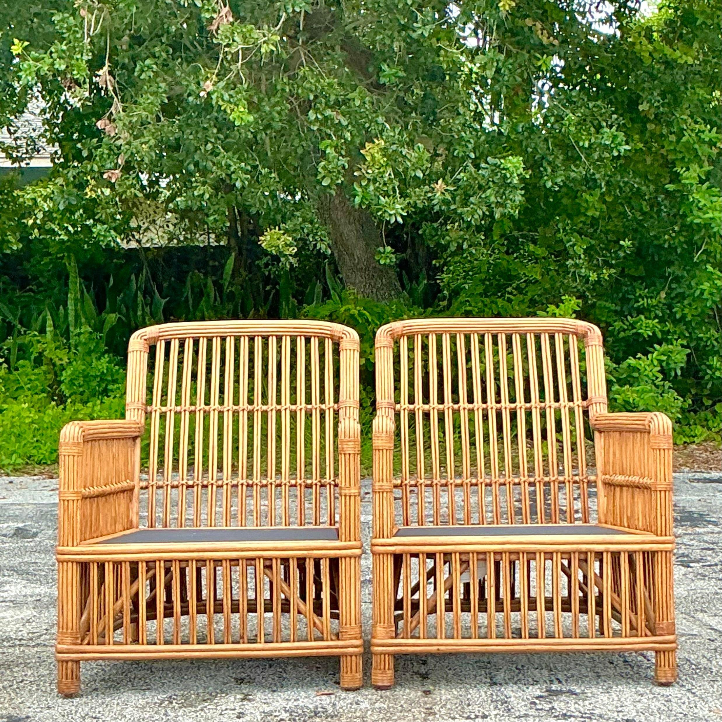 Vintage Boho Palecek Stick Rattan Lounge Chairs - a Pair 1