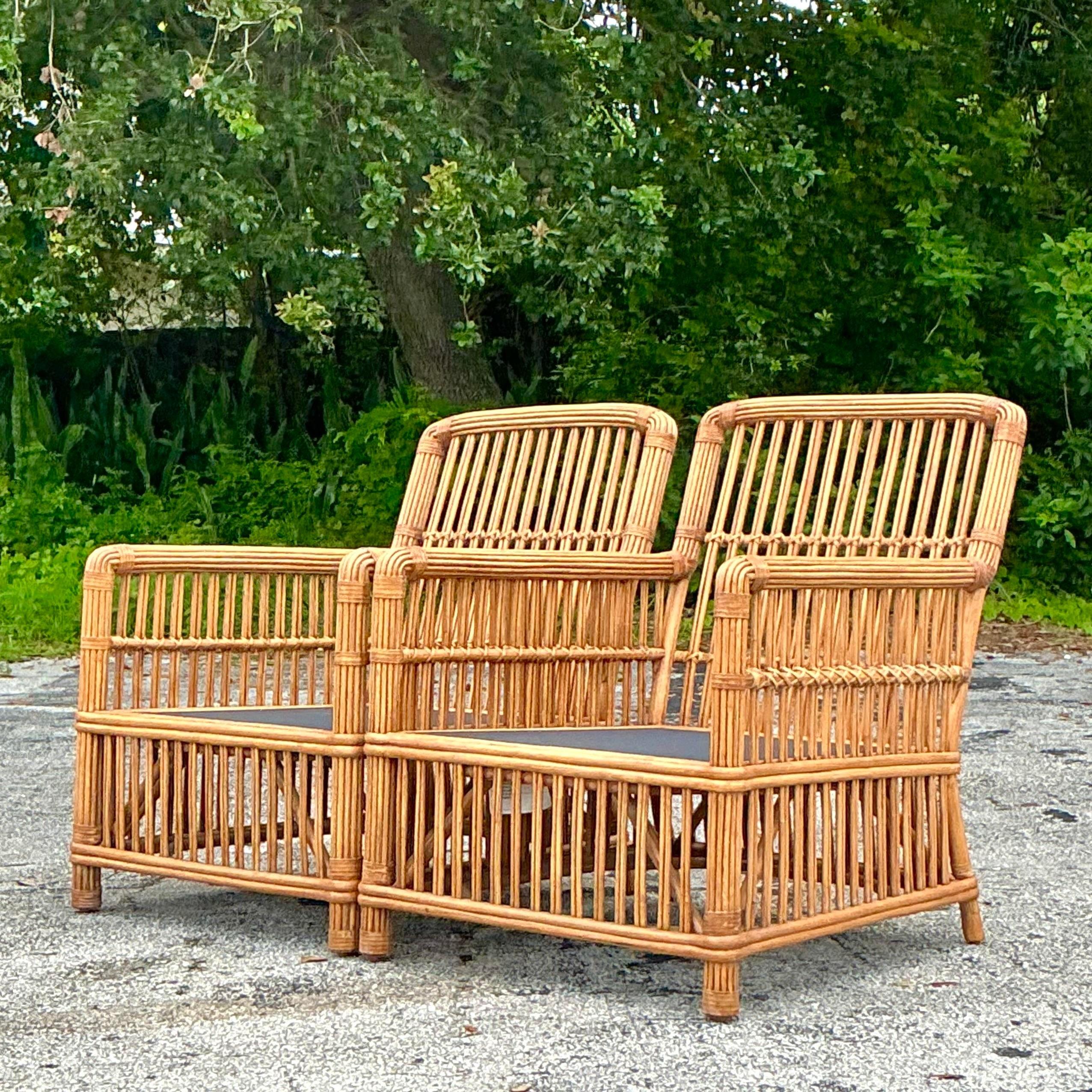 Vintage Boho Palecek Stick Rattan Lounge Chairs - a Pair 3