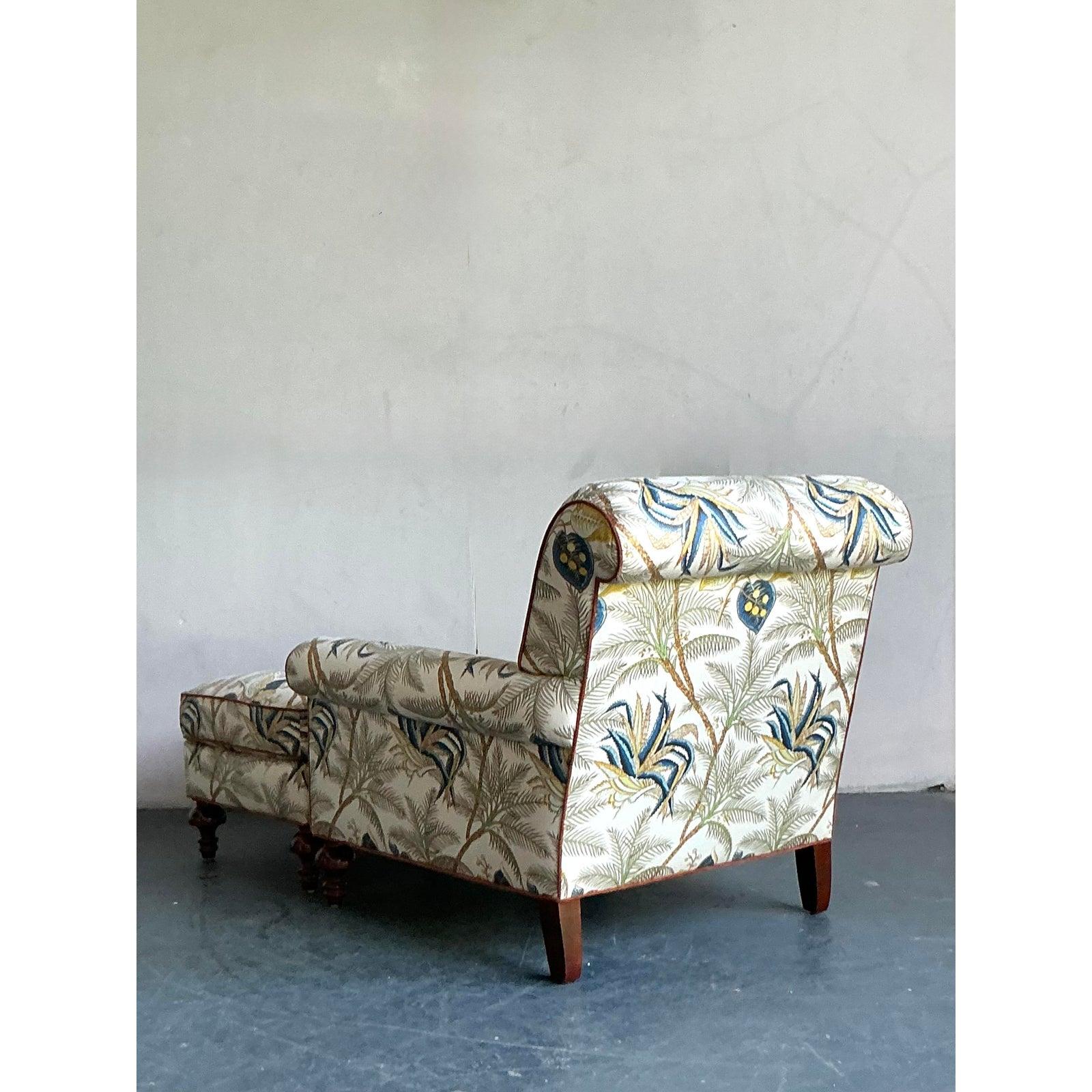 Vintage Boho Palm Tree Lounge Stuhl und Ottomane (Britisch Kolonial) im Angebot