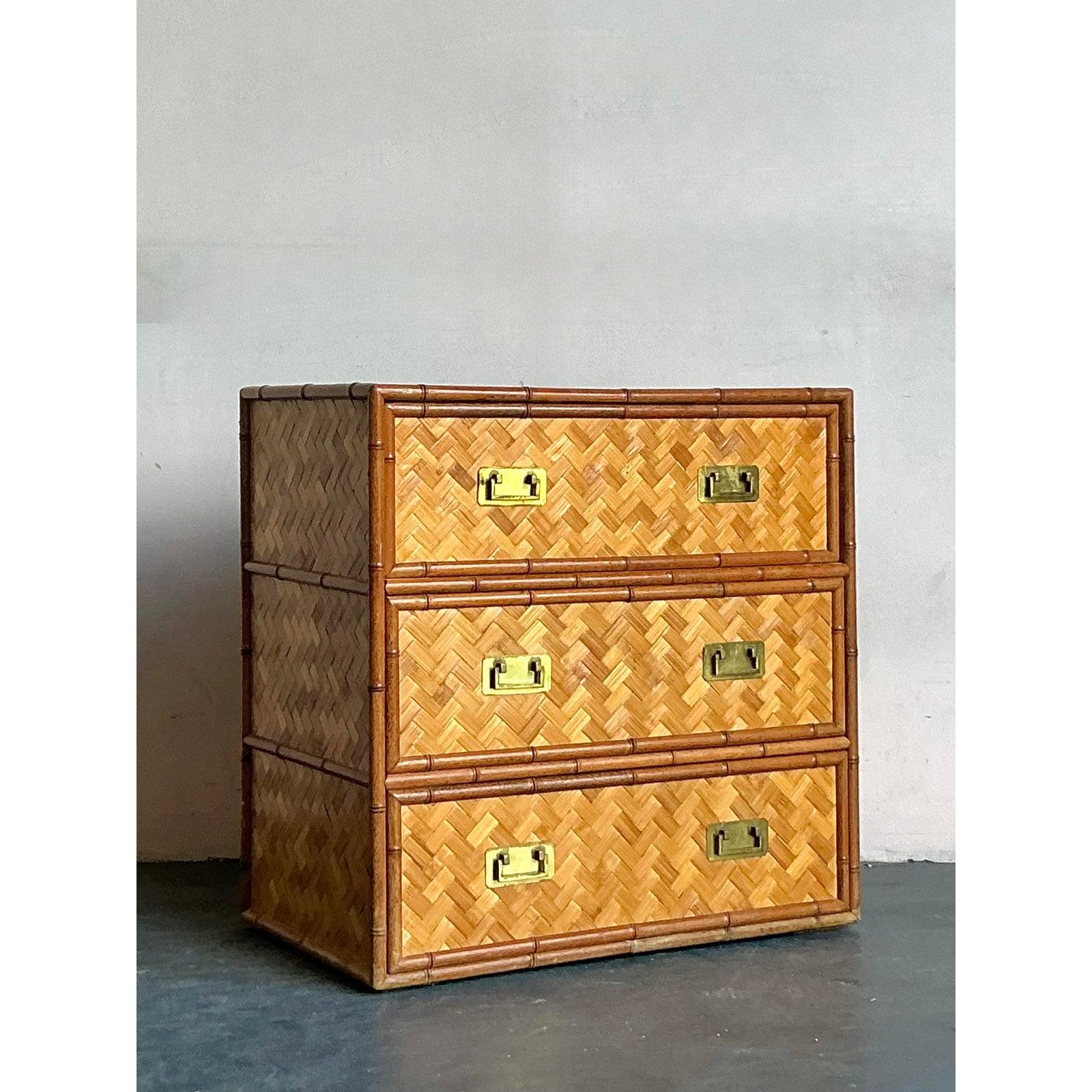 Campaign Vintage Boho Parquet Rattan Chest of Drawers For Sale