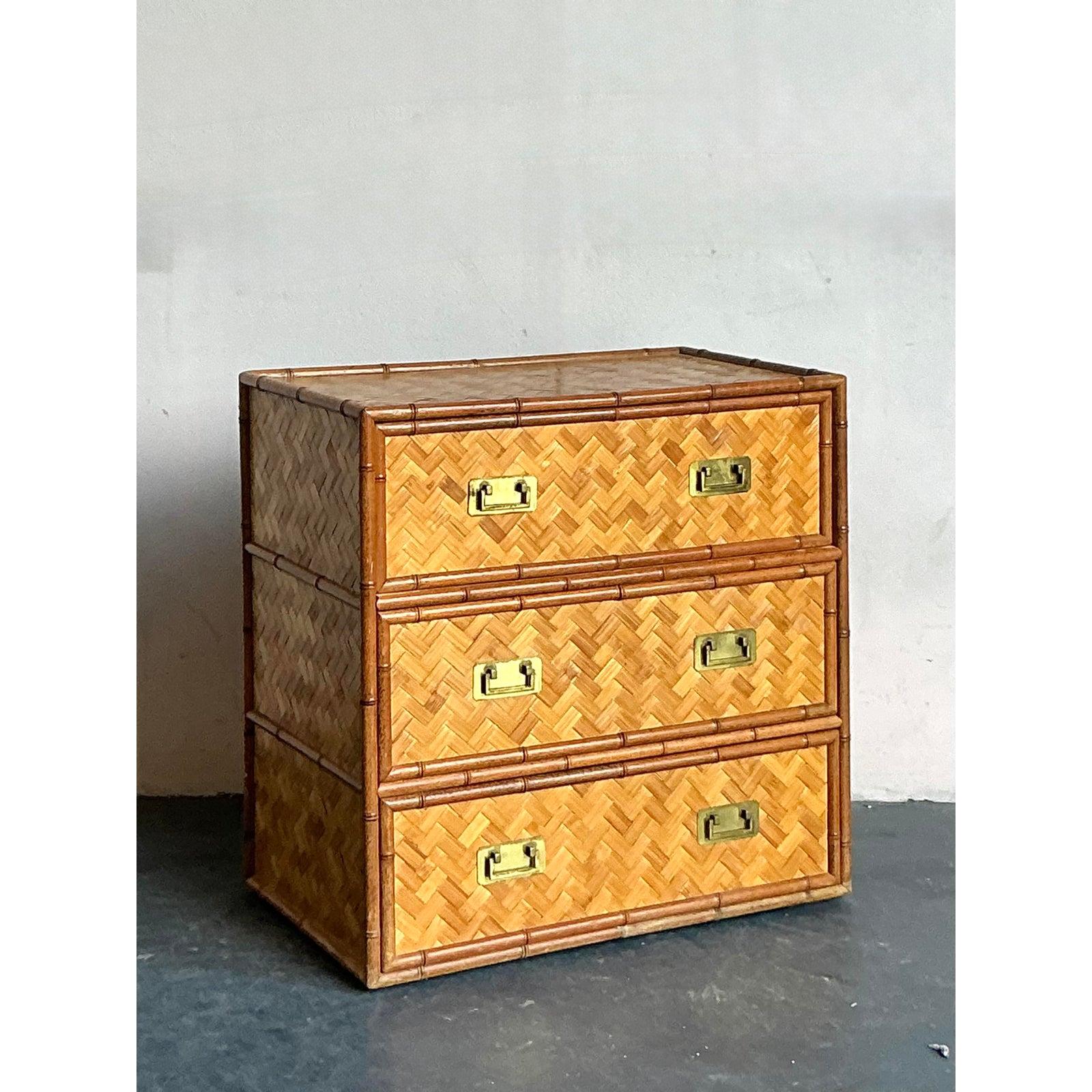 Philippine Vintage Boho Parquet Rattan Chest of Drawers For Sale