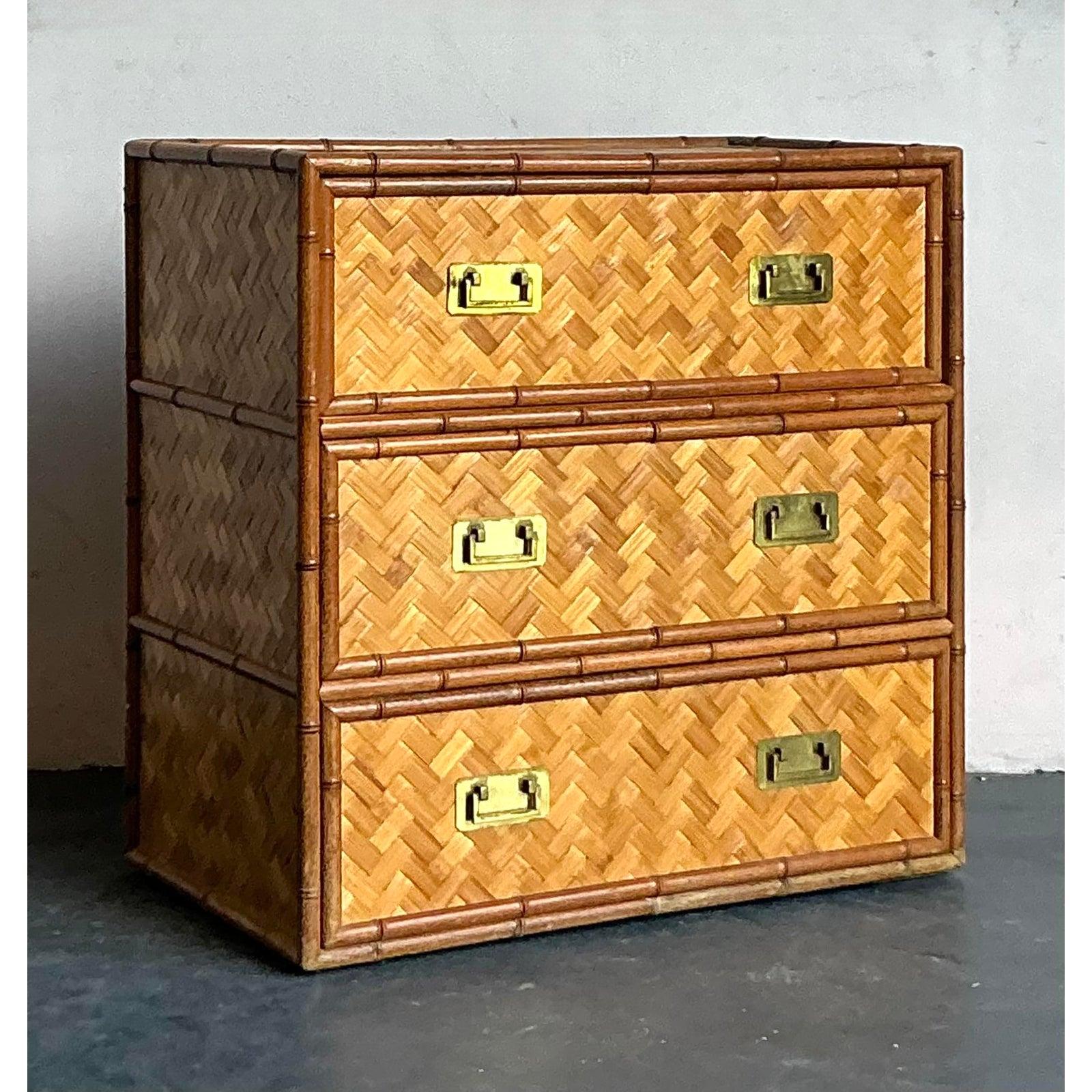 Vintage Boho Parquet Rattan Chest of Drawers In Good Condition For Sale In West Palm Beach, FL